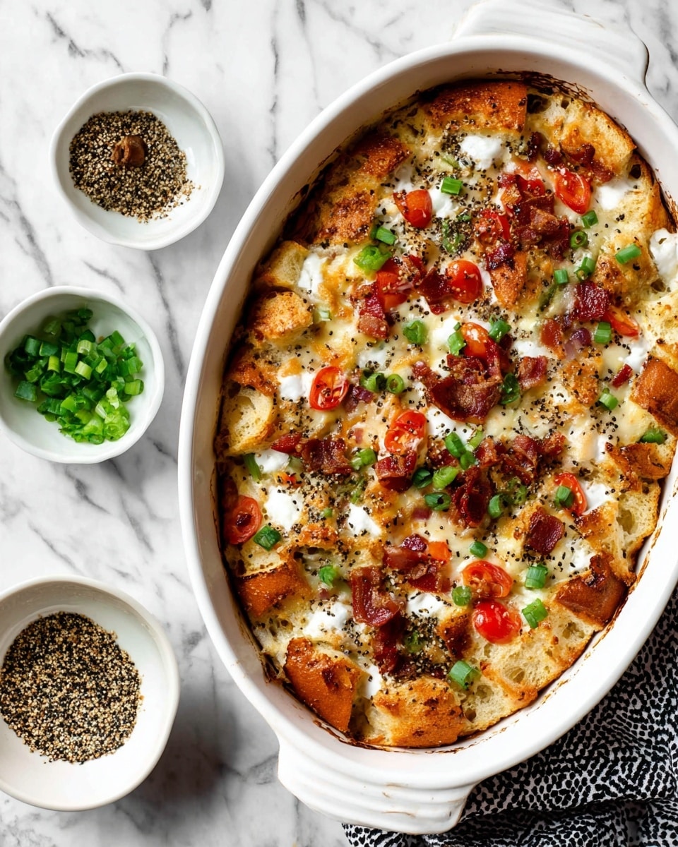 A white oval baking dish holds a breakfast casserole made of multiple layers. The bottom layer consists of golden brown pieces of bread, topped with a creamy mixture of eggs and cheese. Scattered across the top are small white dollops of melted cheese, bright green chopped bell peppers, and red cherry tomato pieces. There are crispy small bits of bacon peppered over the casserole, along with black and white seeds sprinkled on top adding texture. Around the baking dish on a white marbled surface are two small white bowls, one filled with chopped green onions and the other with a seasoning mix of black and white seeds. A black and white patterned cloth is on the lower right side near the baking dish. Photo taken with an iphone --ar 4:5 --v 7