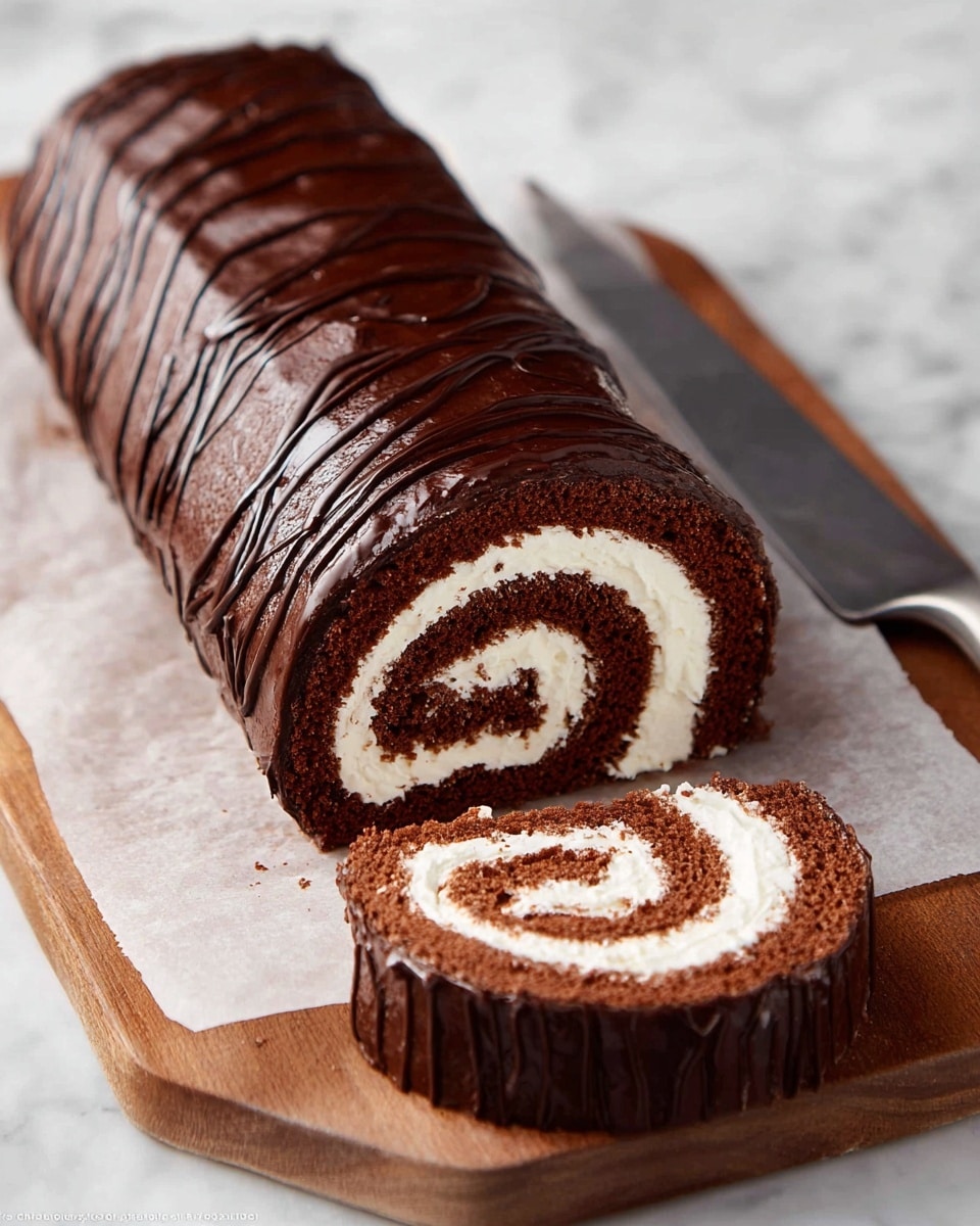 The image shows a chocolate roll cake with two visible layers. The outer layer is a smooth, shiny dark chocolate glaze with textured lines along its length. Inside, the roll reveals a light brown chocolate sponge cake layer that tightly wraps around a thick, creamy white filling, creating a spiral pattern. A single slice is cut from the roll and placed in front, showing the detailed swirl of cake and cream. The cake rests on white parchment paper atop a wooden board, all set on a white marbled surface, with a metal knife positioned nearby. photo taken with an iphone --ar 4:5 --v 7