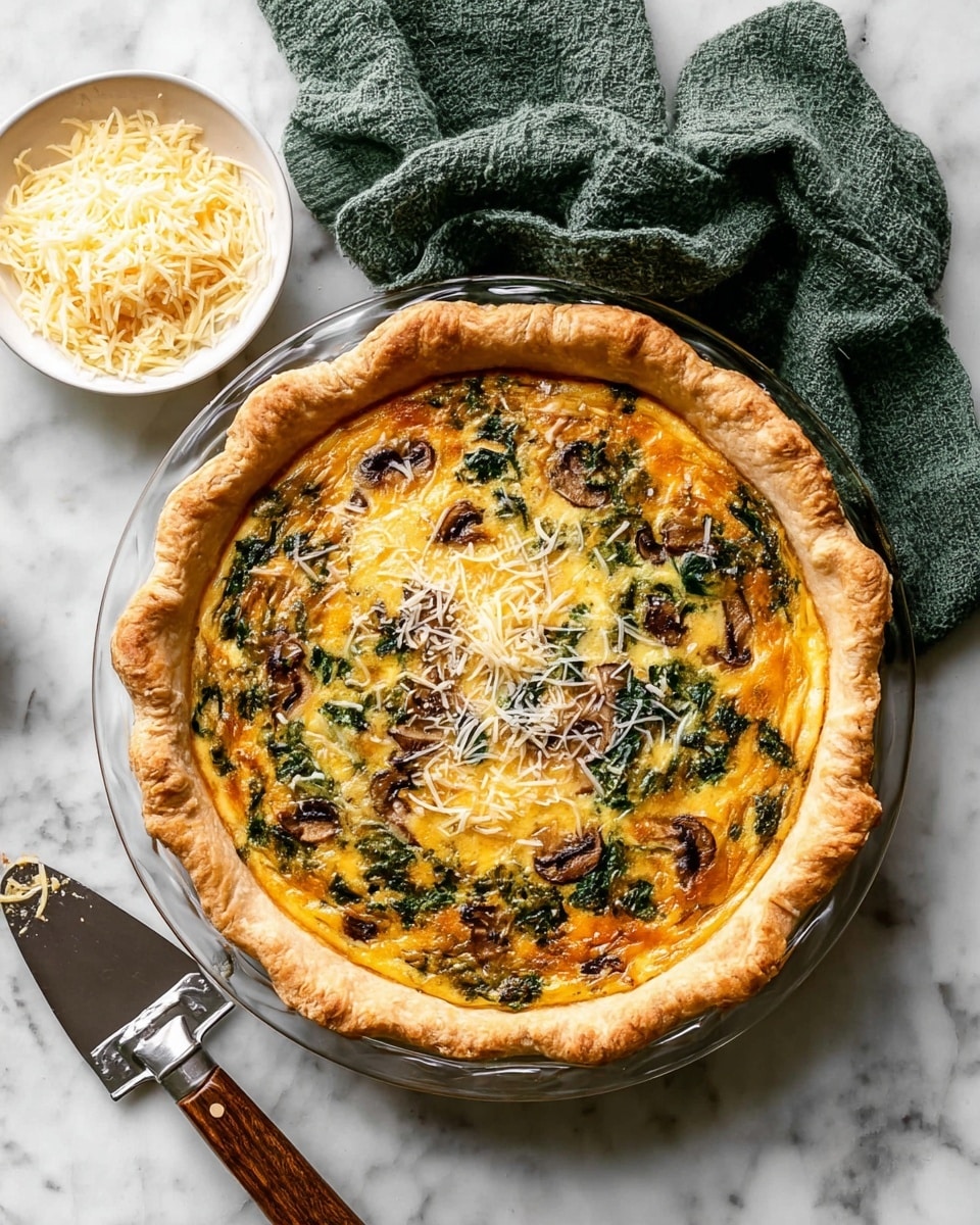 A golden-brown crust forms the thick outer layer of this quiche, with a slightly puffy and flaky texture. Inside, the filling is layered with a mix of melted yellow-orange cheese and green chopped leafy vegetables, most likely spinach, sprinkled evenly across the surface. Small pieces of browned mushrooms are scattered within, adding dark brown spots throughout. A light dusting of shredded white cheese tops the quiche, adding a fine texture contrast. The quiche sits in a clear glass pie dish on a white marbled surface. To the left is a small round white bowl filled with shredded cheese, and a white plate with a metal pie server featuring a wooden handle is nearby. A green cloth napkin is casually draped above the quiche, adding a soft texture to the scene. photo taken with an iphone --ar 4:5 --v 7
