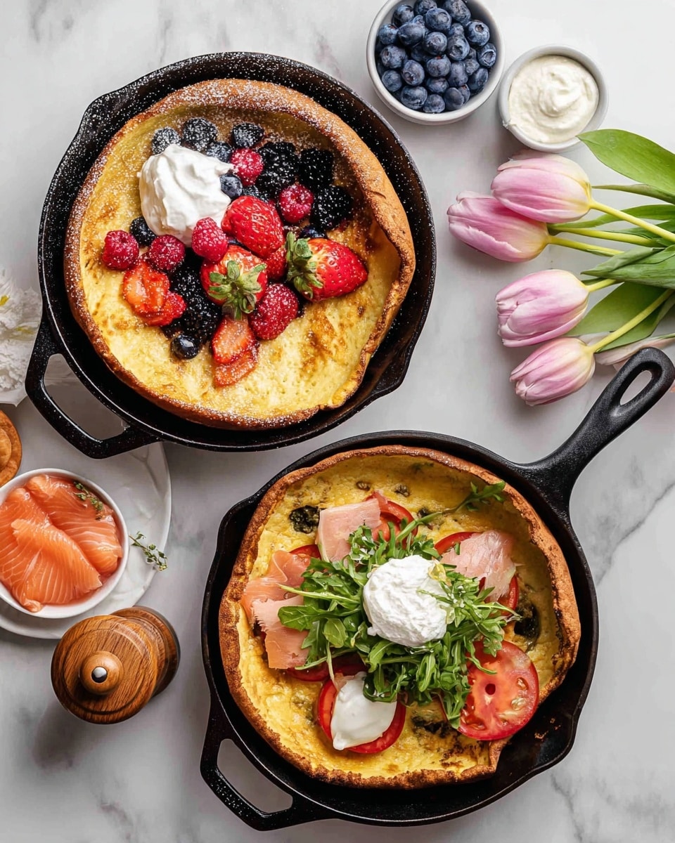 The image shows two black cast iron skillets on a white marbled surface, each holding a different Dutch baby pancake. The top skillet has a golden-brown pancake with a slightly crispy edge and a soft center, topped with mixed berries including strawberries, raspberries, and blueberries, a dollop of white whipped cream, and a light dusting of powdered sugar. The bottom skillet holds a savory pancake with a golden crust, topped with slices of pink smoked salmon, green arugula leaves, halved red cherry tomatoes, thin slices of pickled red onion, and two dollops of white sour cream or crème fraîche. Around the skillets, there is a small white bowl filled with blueberries, a small wooden bowl of white cream, a wooden pepper grinder, a white plate with salmon slices and cherry tomatoes, and two pink tulips on the white marbled surface. Photo taken with an iphone --ar 4:5 --v 7