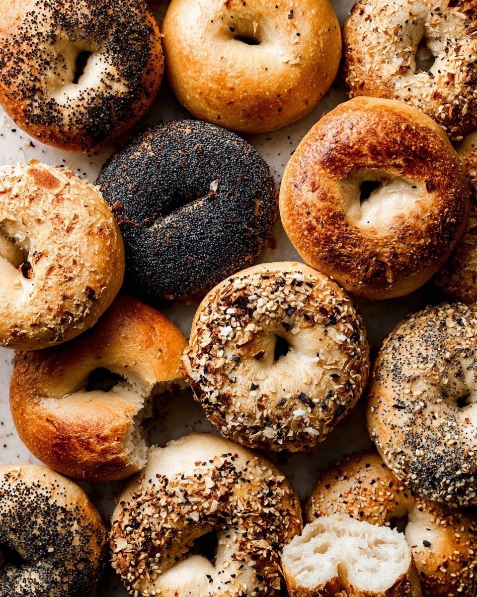 A close-up top view of a collection of bagels with different toppings and textures arranged closely together on a white marbled texture. There are plain bagels with golden brown, smooth, and slightly shiny surfaces; some topped with coarse salt crystals which add a rough texture. Several are covered with black poppy seeds, creating a dense, bumpy black layer on a light brown base. Others have a mix of white and black sesame seeds, along with dried onion flakes and sometimes a sprinkling of salt on top, showing a varied, crunchy texture. One bagel is broken in half, showing a soft, light inside texture with a pale color. The colors mostly include different shades of brown, beige, black, and white, with a rustic, inviting look. photo taken with an iphone --ar 4:5 --v 7