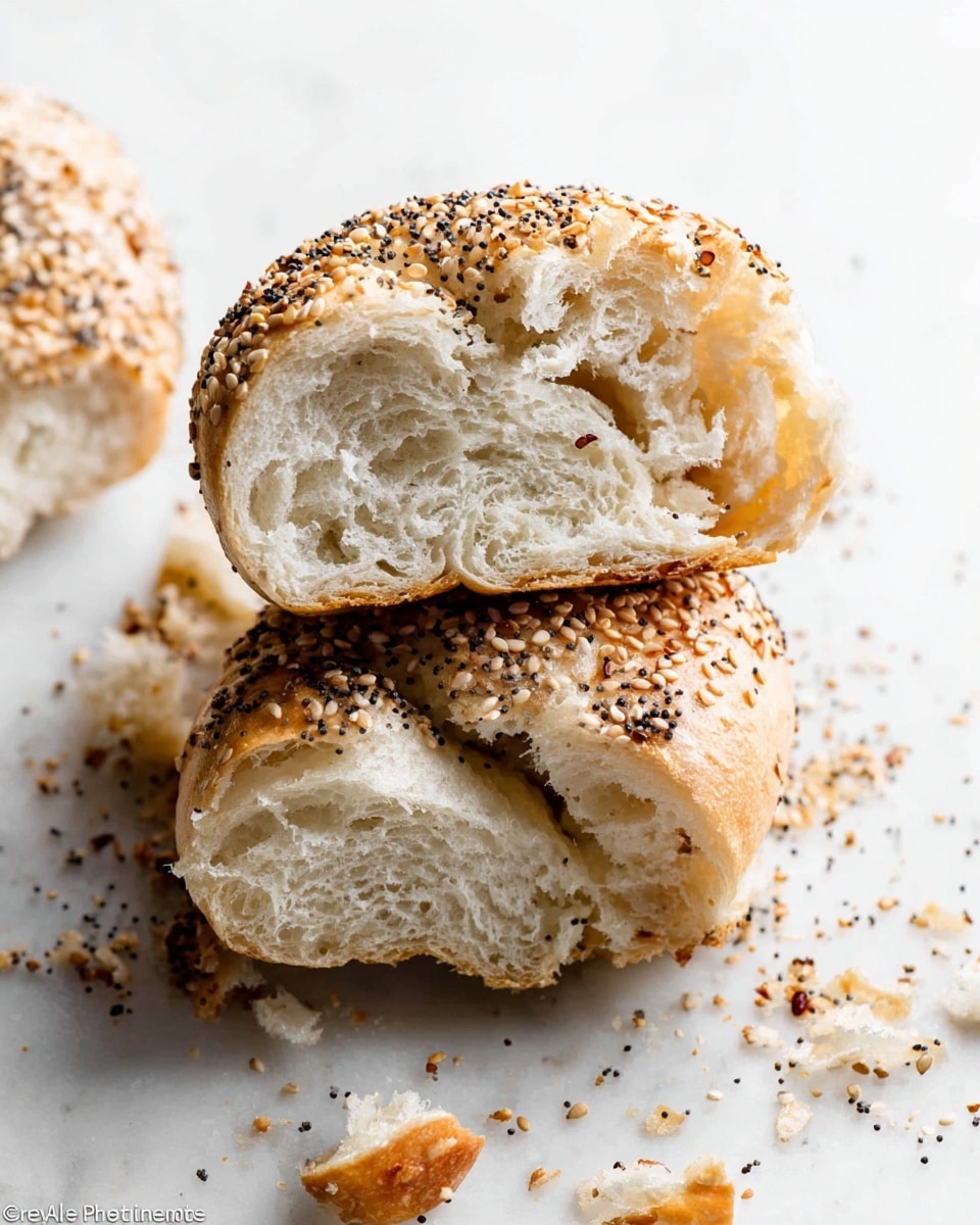 A close-up view of two halves of a sesame seed bagel stacked on top of each other, showing a soft and fluffy white interior with a golden-brown crust. The top half is covered with light tan sesame seeds, while the lower half has a mix of black poppy seeds and tan sesame seeds on its crust. Small crumbs and seeds are scattered around the bagel pieces on a white marbled surface, giving a fresh and rustic look. Photo taken with an iphone --ar 4:5 --v 7