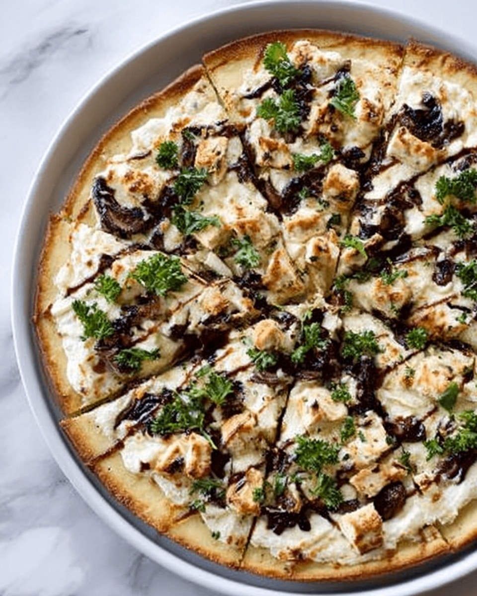 The image shows a round pizza cut into eight slices on a dark grey pizza pan placed on a white marbled surface. The pizza has a thin, pale golden crust as the base layer. The second layer is melted white cheese spread evenly across the entire pizza. On top, there are scattered dark green crispy kale pieces and small dollops of creamy white cheese. There is also a drizzle of dark brown balsamic glaze creating thin stripes over the toppings, adding contrast to the light colors. Two silver forks and knives are placed near the top edge of the frame. photo taken with an iphone --ar 4:5 --v 7