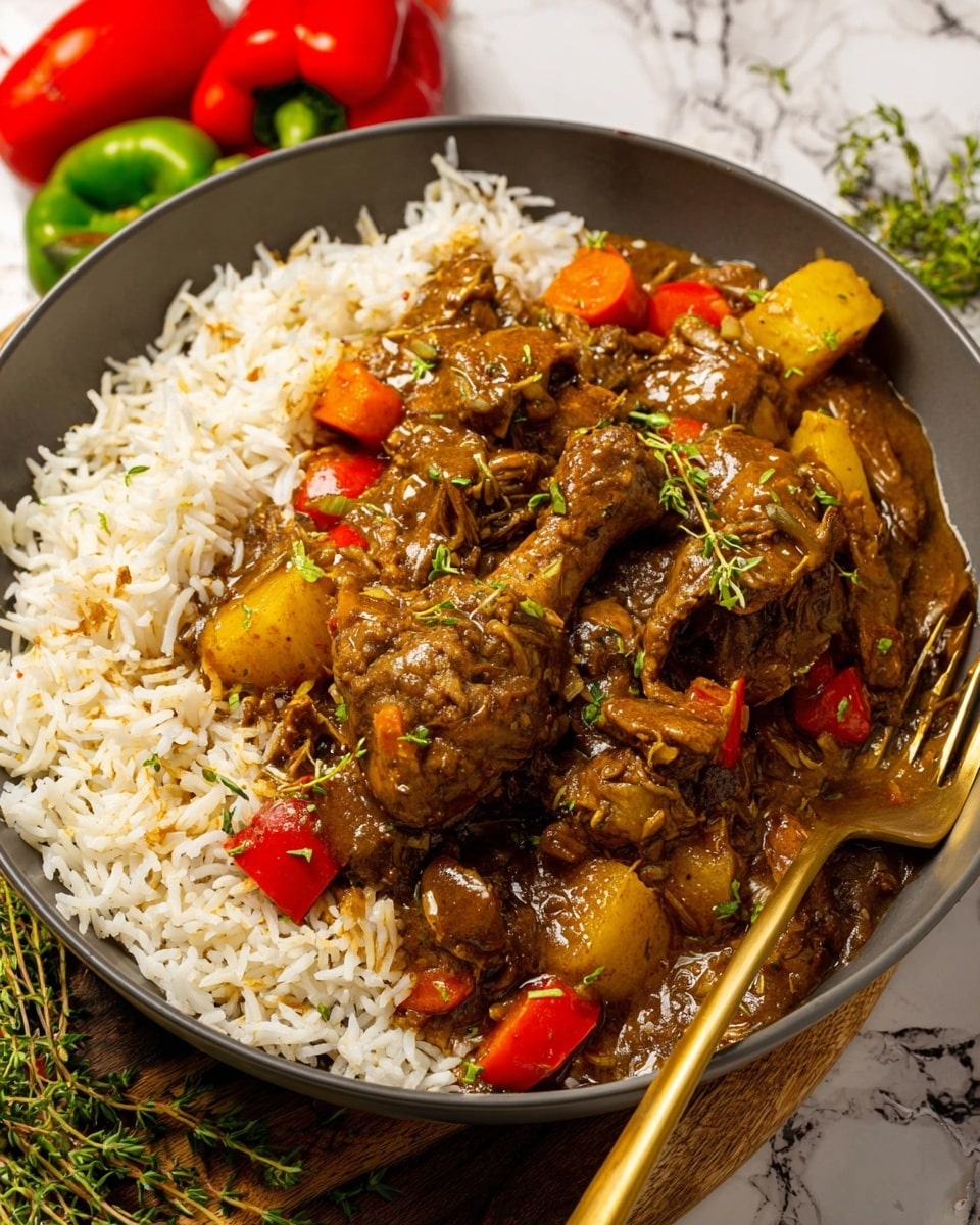 A black plate sits on a white marbled surface, holding a serving of white rice as the base layer, topped with a thick stew consisting of brown chicken pieces, yellow chunks of potatoes, and red pepper pieces in a rich, dark greenish-brown sauce sprinkled with herbs. Two golden forks rest on the plate’s edge, one on the left and one on the right. Nearby, an orange cloth, fresh green thyme sprigs, green chopped scallions in a small white bowl, whole green and red peppers, and a glass of bright orange juice with ice surround the plate, adding color and texture. Photo taken with an iphone --ar 4:5 --v 7
