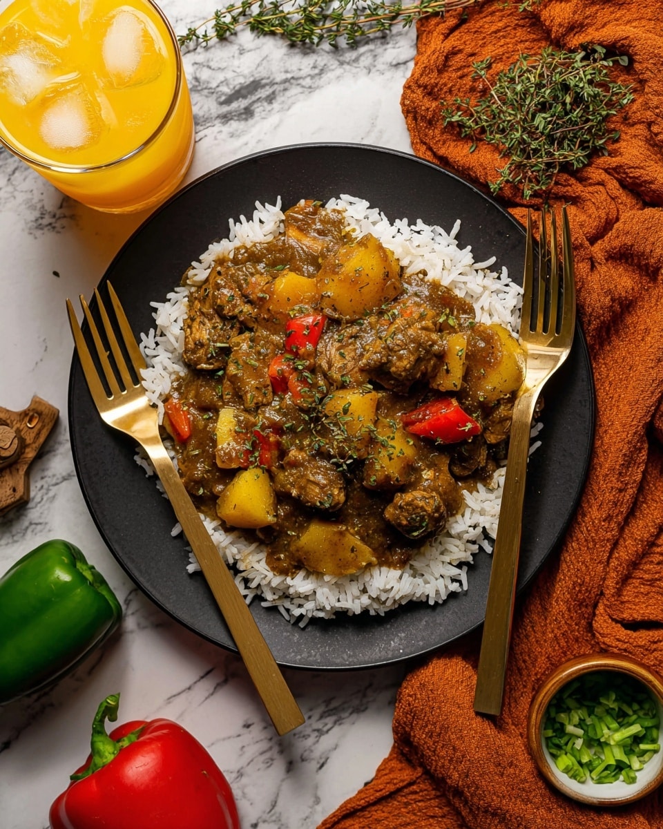 A close-up view of a dish with two layers on a white plate: the bottom layer is white rice with long grains spread evenly, while the top layer is a rich, dark brown stew with visible pieces of chicken drumsticks, chunks of orange carrots, yellow potatoes, and red bell peppers. The stew sauce looks thick and glossy, covering the meat and vegetables well. Two gold forks are placed on either side of the plate, partially in the dish. The background is a white marbled texture with some fresh herbs and whole green and red peppers scattered around. Photo taken with an iphone --ar 4:5 --v 7