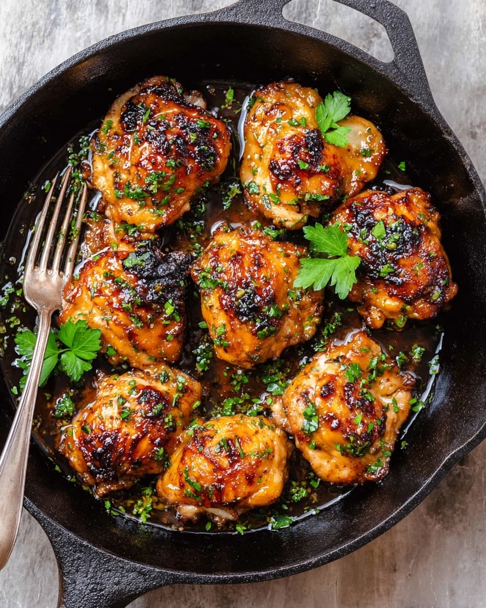 A black cast iron skillet filled with eight pieces of cooked chicken thighs that have a golden-brown color with some darker grill marks and a shiny glaze coating them. The chicken is scattered with small bright green chopped herbs and garnished with a few whole parsley leaves for a fresh look. The skillet rests on a white marbled texture and there is a silver fork placed on the left side inside the skillet near the chicken pieces. Photo taken with an iphone --ar 4:5 --v 7