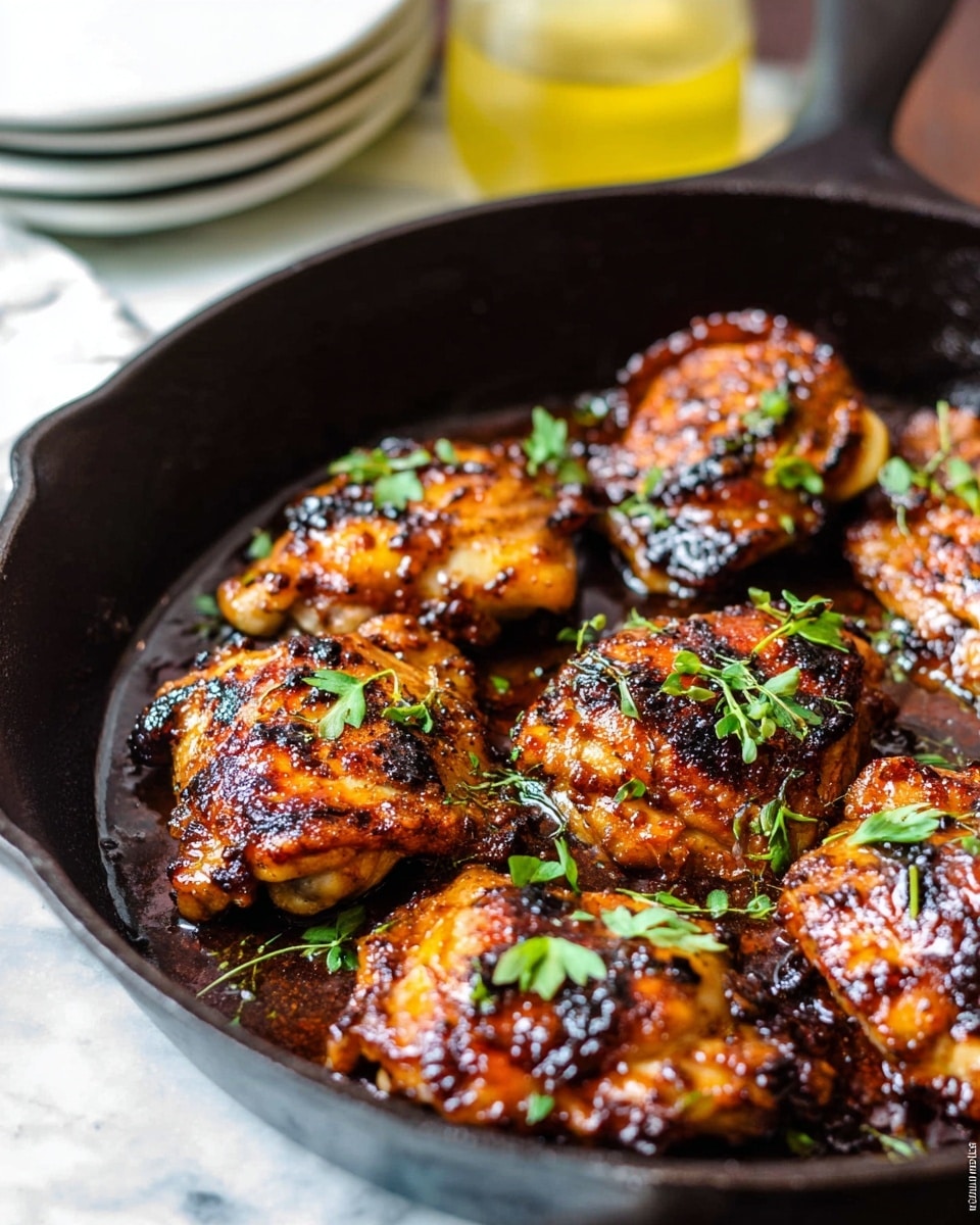 A close-up of nine pieces of grilled chicken thighs with a shiny, dark caramelized sauce, sitting in a black cast iron skillet. The chicken pieces are golden-brown with charred spots and look juicy, garnished with small green herb leaves and parsley sprigs scattered on top. The background shows a blurred stack of white plates and a glass with a yellow liquid, all placed on a white marbled surface. photo taken with an iphone --ar 4:5 --v 7