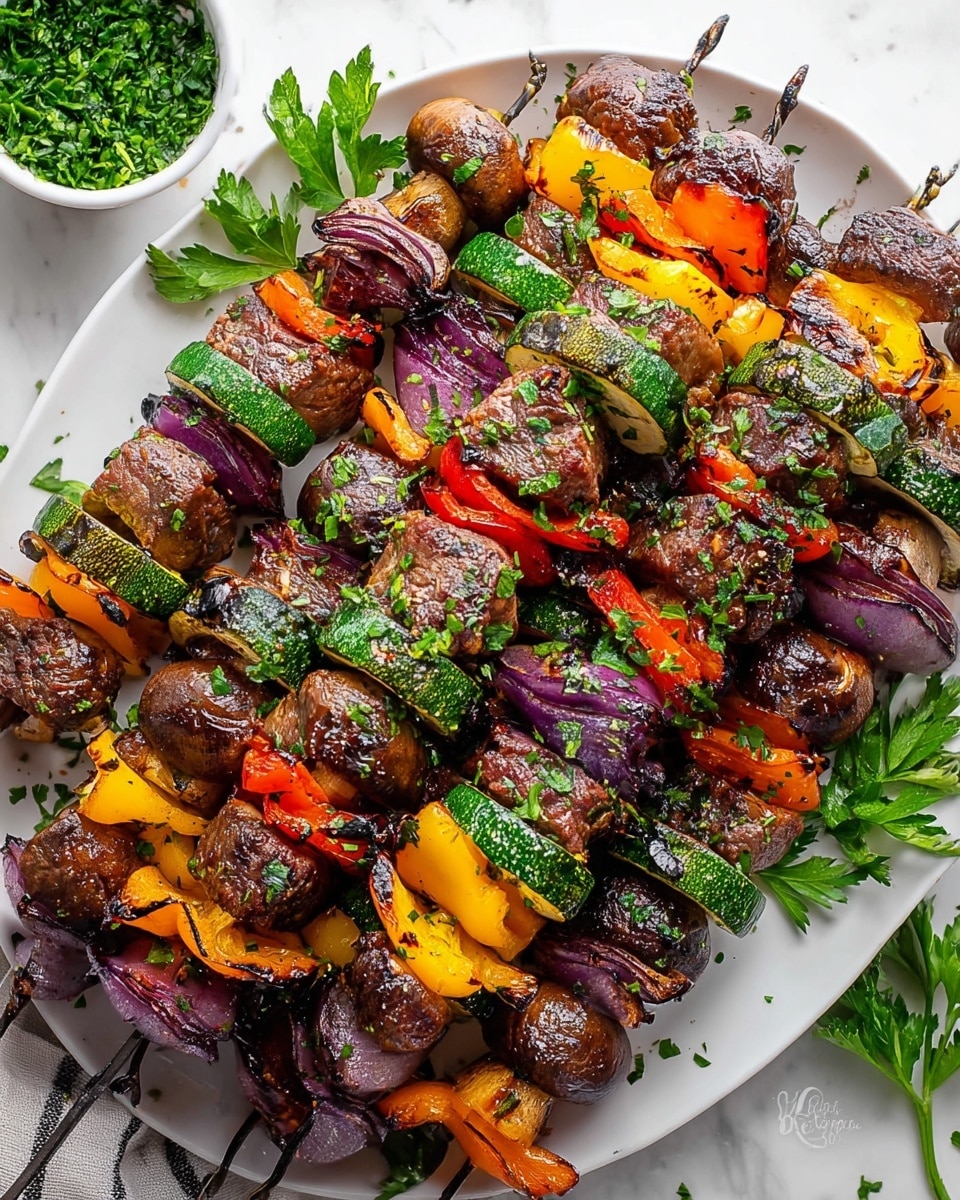 The image shows several grilled skewers filled with thick chunks of browned meat, deep green zucchini slices, bright orange and red bell pepper pieces, rings of purple onion, and whole small dark brown mushrooms, all nicely charred and mixed in layers. The skewers sit on a large white plate on a white marbled surface. The dish is sprinkled with fresh chopped green herbs, and fresh parsley sprigs are placed as garnish around the edges. In the top right corner, a small bowl filled with more chopped herbs is visible. Photo taken with an iphone --ar 4:5 --v 7