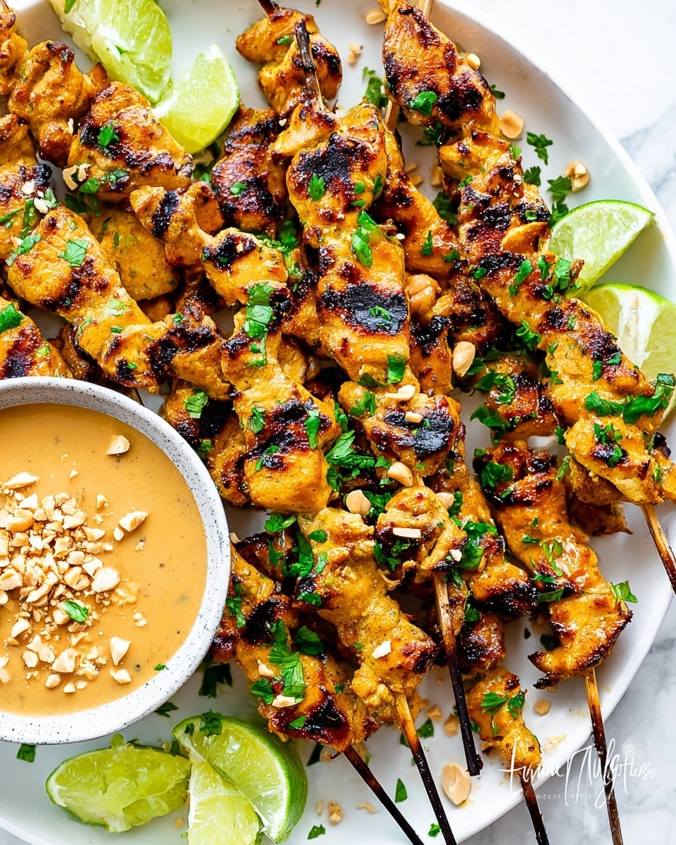 The image shows multiple skewers of grilled chicken satay arranged on a white plate with a white marbled background. Each skewer holds chunks of golden-brown grilled chicken with dark grill marks. The chicken is sprinkled with chopped peanuts and green herbs. There are wedges of bright green lime placed around the skewers. On the left side of the plate, there is a bowl of creamy peanut sauce topped with crushed peanuts and green herbs. The overall presentation is colorful and fresh, highlighting the contrast between the charred chicken, green lime, and sauce. Photo taken with an iphone --ar 4:5 --v 7