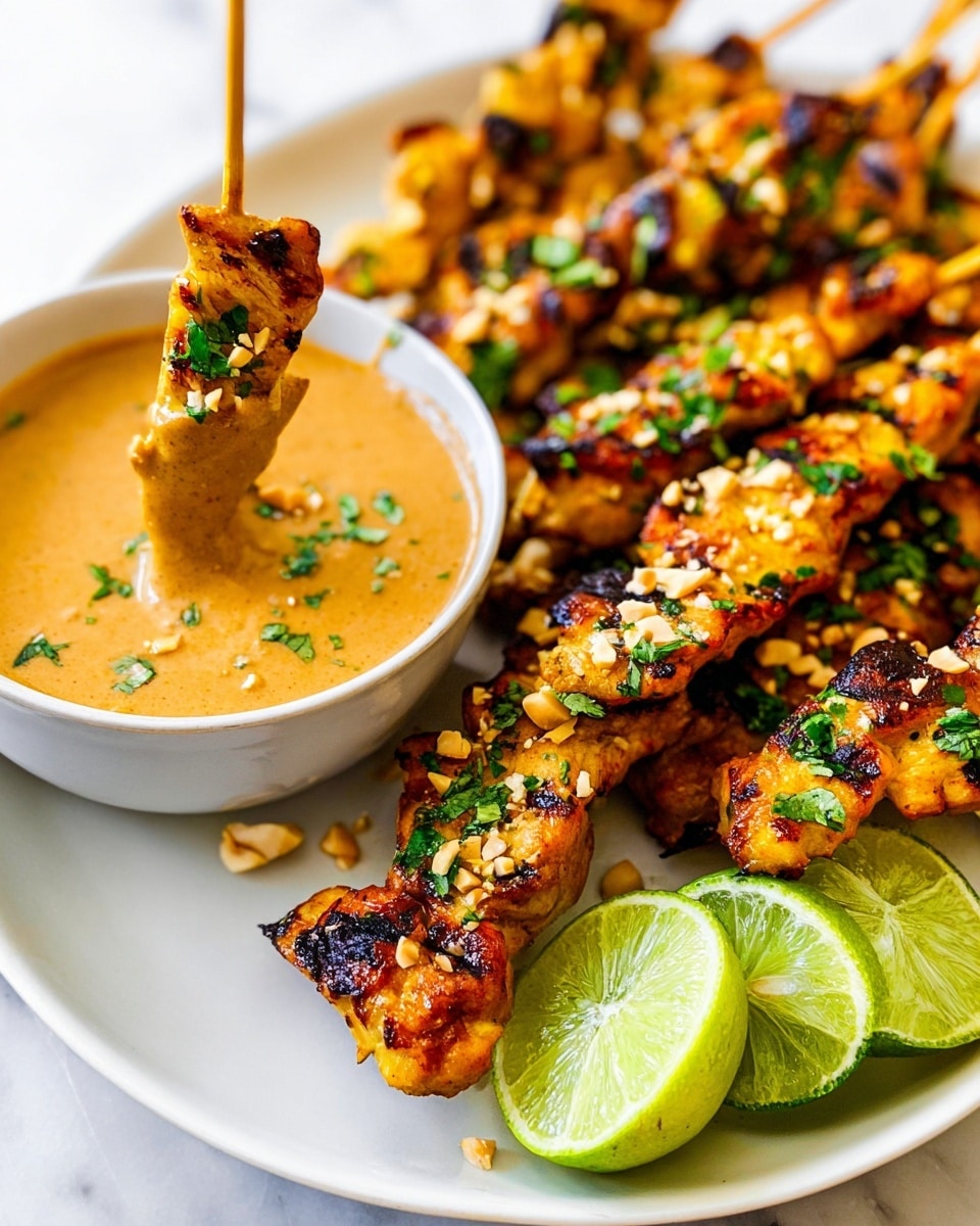 The image shows grilled chicken satay on several skewers arranged on a white plate. Each skewer holds pieces of golden brown chicken with some dark grill marks and is sprinkled with chopped green herbs and crushed peanuts. One skewer is being dipped into a small white bowl filled with creamy tan peanut sauce, also garnished with some green herbs and peanut bits on the surface. Around the plate are fresh lime wedges with bright green skin and juicy inside, placed on a white marbled textured surface. The focus is on the skewer in the peanut sauce with the other skewers slightly blurred in the background. Photo taken with an iphone --ar 4:5 --v 7
