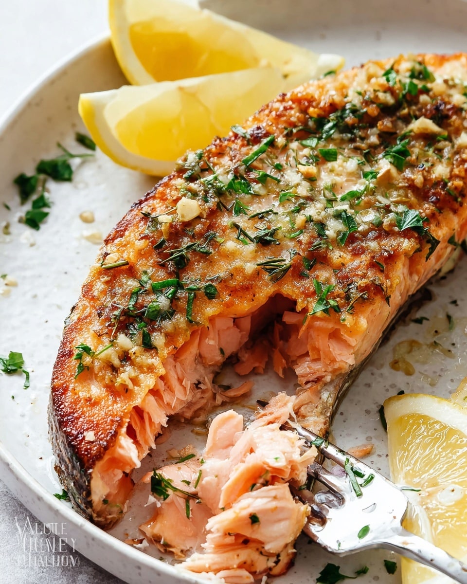 A close-up of one cooked salmon steak resting on a white plate with a white marbled texture background. The top layer of the salmon is golden brown with a crispy texture, sprinkled with finely chopped green herbs and small bits of garlic. The inside of the fish is light pink, soft, and flaky, partially pulled apart with a fork. Surrounding the salmon are bright yellow lemon wedges adding a fresh look. The scene shows a casual, fresh seafood dish photo taken with an iphone --ar 4:5 --v 7