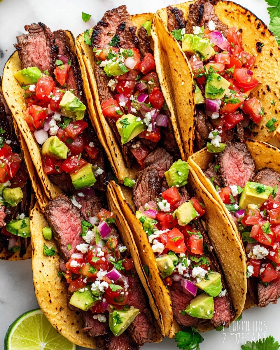 The image shows six soft corn tacos arranged closely on a white marbled surface. Each taco has a light golden brown tortilla filled with three layers: the bottom layer is tender grilled steak strips with a pink center and char marks; the middle layer is bright red diced tomatoes mixed with finely chopped purple onions; the top layer consists of small green avocado cubes and scattered white crumbled cheese. Some tacos are garnished with fresh green cilantro leaves, and there is a small lime wedge placed among them. Photo taken with an iphone --ar 4:5 --v 7