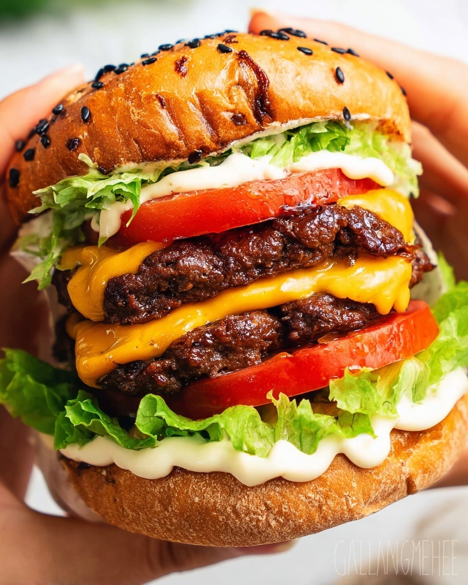 A close-up view of a double cheeseburger held by a woman's hands, showing four main layers between two halves of a sesame seed bun. The bottom layer starts with a light brown bun, followed by vibrant green lettuce slightly folded, and a thick red tomato slice on top. Above the tomato, two dark brown, grilled beef patties are stacked, each topped with melted bright yellow cheddar cheese slices. Between the patties and just above the top one, there is a drizzle of white creamy sauce, along with a crisp green leaf of lettuce under the top bun, which has black sesame seeds sprinkled over its golden-brown surface. The whole burger looks juicy and fresh. Photo taken with an iphone --ar 4:5 --v 7