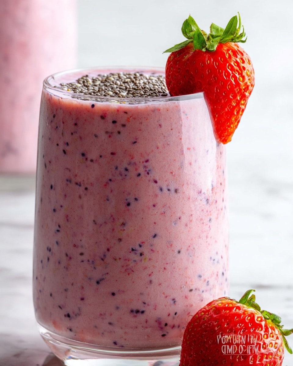 A tall clear glass filled with a thick, creamy pink smoothie with tiny dark seeds and fruit bits mixed throughout, topped with scattered small black chia seeds on the surface, and a large bright red strawberry with green leaves resting on the rim of the glass, all set against a bright white marbled background. photo taken with an iphone --ar 4:5 --v 7