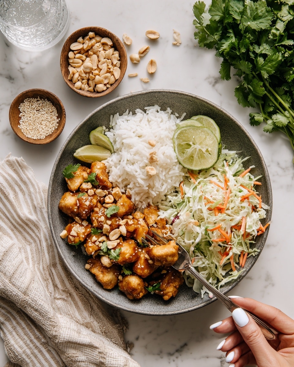 A white bowl with a brown rim holds a colorful meal divided into three sections. On the left side, there is a layer of brown rice scattered with small green herb leaves and black sesame seeds. The top right section features grilled chicken pieces with a light brown sear, covered in a creamy orange sauce and sprinkled with black sesame seeds and green herbs. The bottom right section contains a bright mix of diced yellow mango and green cucumber chunks, garnished with fresh green herbs and black sesame seeds. Next to the bowl, a small bowl of orange sauce with a spoon rests on a white marbled surface. photo taken with an iphone --ar 4:5 --v 7