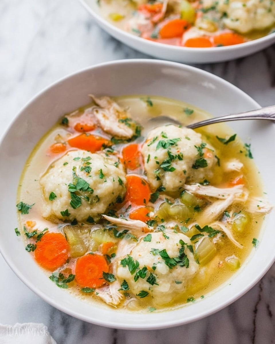 A round cast iron pan filled with seven large, light beige dumplings with a rough, soft texture, each evenly spaced across the top layer. Below the dumplings, the second layer shows a mix of chunky cooked vegetables including bright orange carrots, green peas, and light green celery, all coated in a creamy sauce that peeks between the dumplings. The pan has an orange handle visible on the left, and the dish sits on a white marbled surface. Photo taken with an iphone --ar 4:5 --v 7