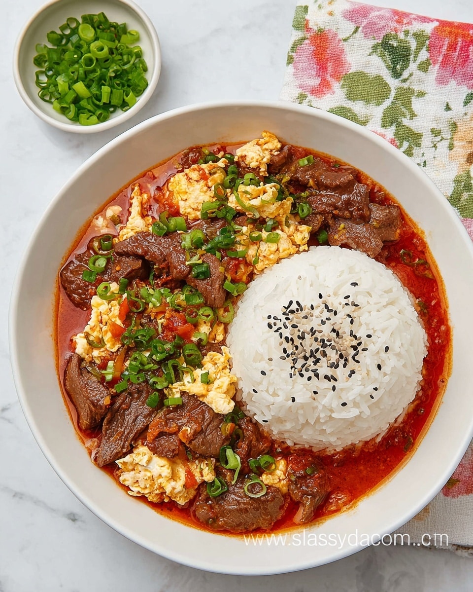 A white bowl holds a dish with one central mound of white rice topped with black sesame seeds. Surrounding the rice is a rich red tomato-based sauce with pieces of cooked beef, scrambled eggs, and chopped green onions scattered evenly. The beef looks tender and brown, while the eggs add a soft yellow contrast. To the upper left is a small white bowl filled with chopped green onions, and a floral patterned cloth napkin is on the upper right, all placed on a white marbled surface. photo taken with an iphone --ar 4:5 --v 7