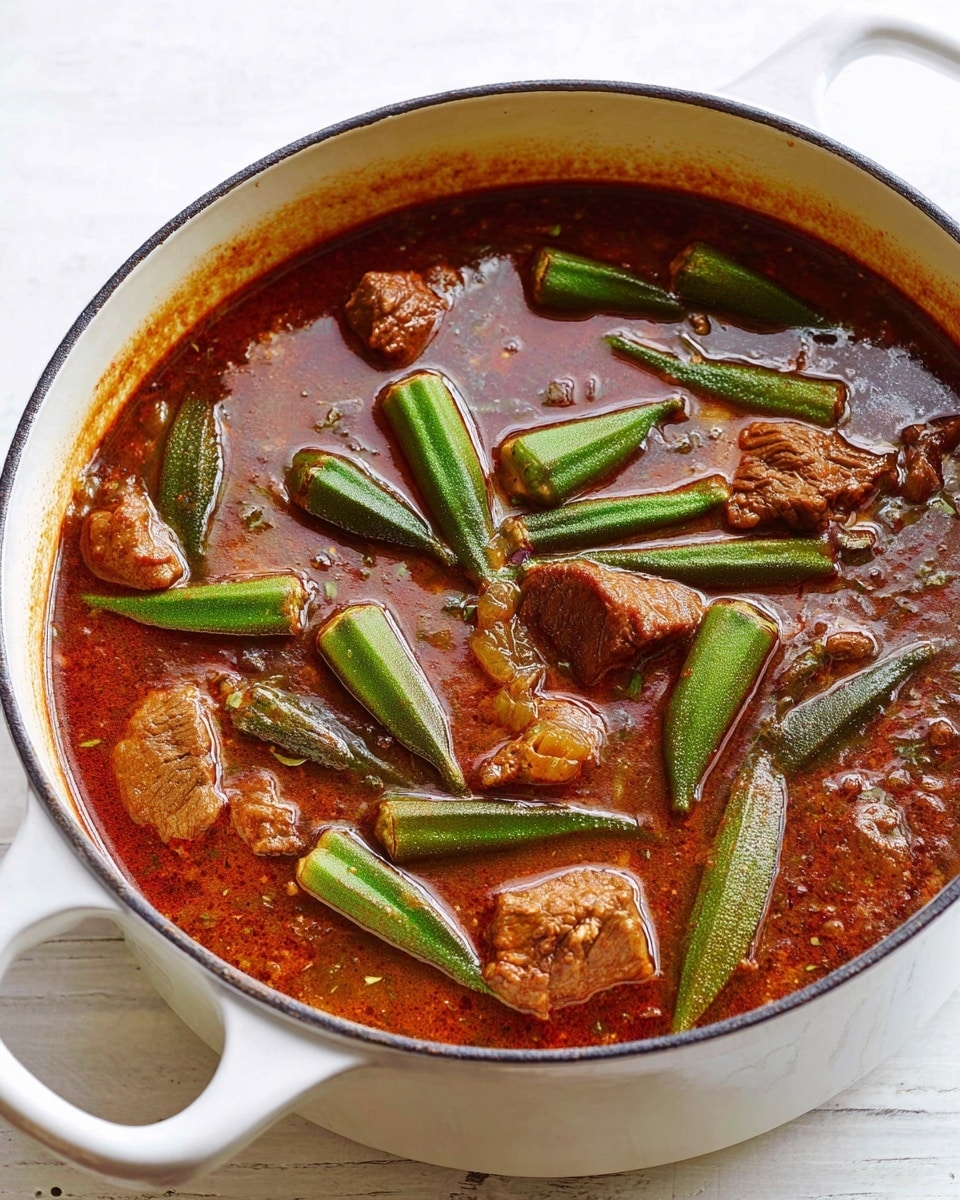 A white pot filled with a rich, thick stew showing three main layers: a dark red-brown sauce base with a smooth yet slightly chunky texture, bright green whole okra pods scattered evenly across the surface, and pieces of tender-looking brown meat partly submerged in the sauce. The stew surface has a slight shine of oil, and the pot sits on a white marbled texture. photo taken with an iphone --ar 4:5 --v 7