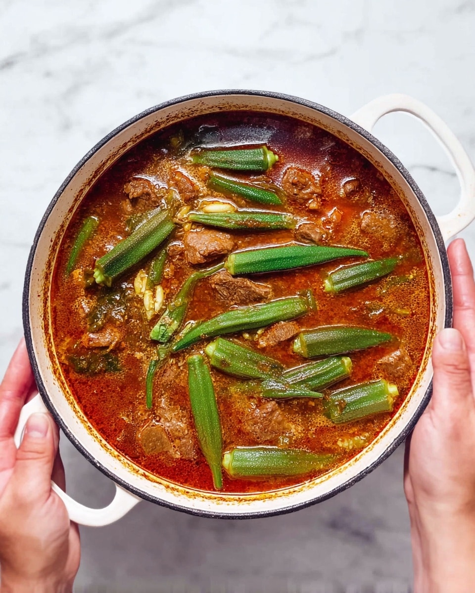 A white pot filled with a thick reddish-brown stew, showing large green okra pods floating on top. There are pieces of brown meat scattered throughout the liquid layer. The broth has a rich, slightly oily texture with visible bubbles and spices, surrounded by a rusty brown ring inside the pot's edge. Two woman's hands grasp the white handles of the pot, holding it over a white marbled surface. photo taken with an iphone --ar 4:5 --v 7