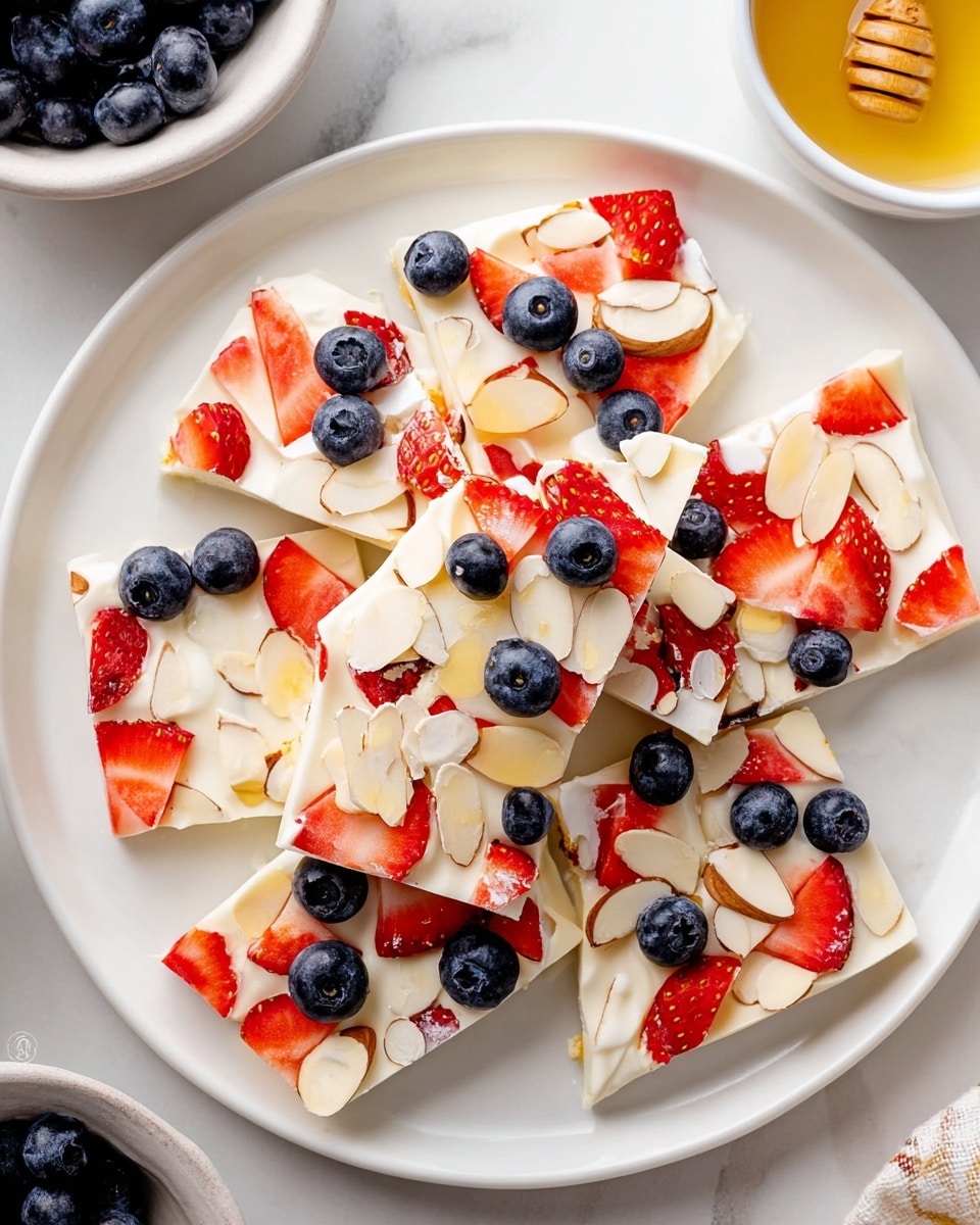 The image shows a white plate filled with broken pieces of a frozen yogurt bark. Each piece has three visible layers: a smooth, creamy white frozen yogurt base topped with fresh red strawberry slices, deep blue blueberries, and light beige almond slices. The fruits and nuts are evenly spread across the top, creating a colorful and textured contrast against the white yogurt. The plate sits on a white marbled surface with a small edge of a white bowl containing more blueberries and another bowl with yellow honey visible nearby. photo taken with an iphone --ar 4:5 --v 7