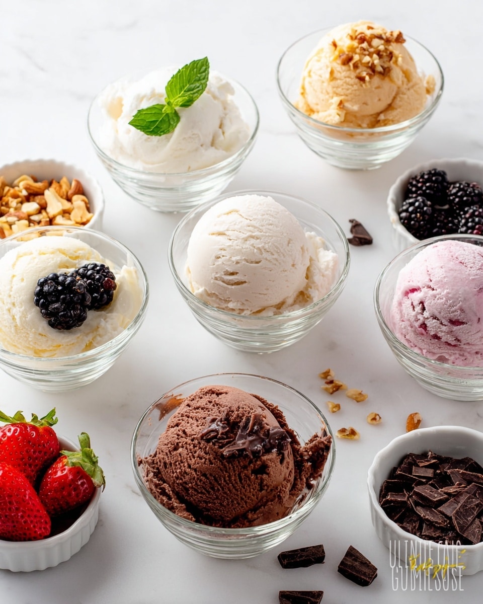 The image shows five clear glass bowls placed on a white marbled surface, each filled with a single scoop of different ice cream flavors. Starting from the top and moving clockwise, the first bowl has white ice cream topped with a mint leaf. The second bowl holds a light beige ice cream sprinkled with crushed nuts. The third bowl contains white ice cream decorated with two blackberries on the side. The fourth bowl has light pink ice cream topped with half a strawberry. The fifth bowl contains brown chocolate ice cream with dark chocolate shavings sprinkled on top. Around these bowls, there are small white and dark bowls filled with strawberries, blackberries, crushed nuts, and dark chocolate shavings. photo taken with an iphone --ar 4:5 --v 7