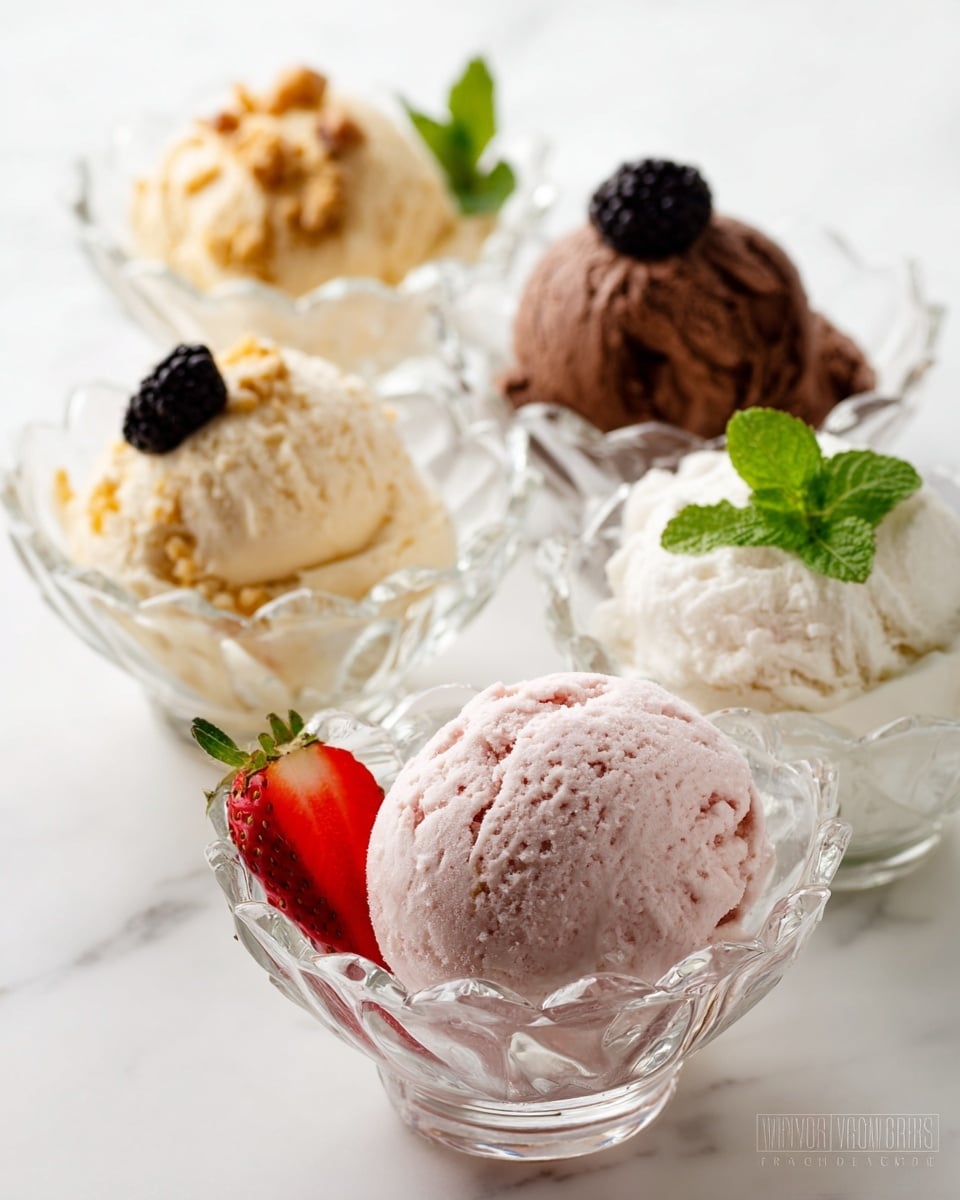 Five scoops of ice cream are placed in clear glass bowls with scalloped edges, each bowl showing a single scoop. The closest bowl holds a light pink ice cream scoop with a rough texture and a half of a fresh strawberry placed on the edge. Behind it, slightly to the left, is a scoop of light beige ice cream topped with small crumbled nuts. To the right is a white ice cream scoop decorated with two fresh mint leaves. Behind these three bowls, there is a scoop of white ice cream with a blackberry on top in a bowl on the left, and a dark brown chocolate ice cream scoop in the far back center. All the bowls sit on a white marbled surface. Photo taken with an iphone --ar 4:5 --v 7