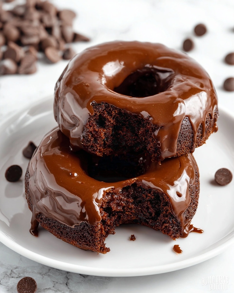 Two chocolate donuts sit on a white plate placed on a white marbled surface. Each donut is covered with a shiny, smooth, thick layer of chocolate glaze that drips slightly down the sides. The donut in front is partially eaten, showing a soft, dense, dark brown cake inside with a moist texture. Around the plate, small glossy chocolate chips are scattered randomly. The scene is bright, with clear focus on the rich texture of the glaze and cake. photo taken with an iphone --ar 4:5 --v 7