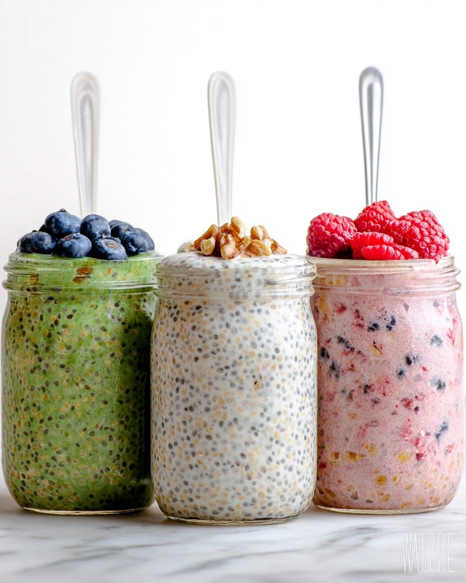 The image shows three glass jars filled with chia pudding lined up side by side on a white marbled surface. Each jar is full to the top and has a white spoon sticking out. The left jar contains green pudding with visible chia seeds mixed inside and topped with dark blueberries. The middle jar holds a creamy white pudding with chia seeds, garnished with a few blueberries and a walnut piece on top. The right jar features pink pudding with chia seeds and small pieces of red berries scattered throughout, topped with fresh red raspberries. Photo taken with an iphone --ar 4:5 --v 7