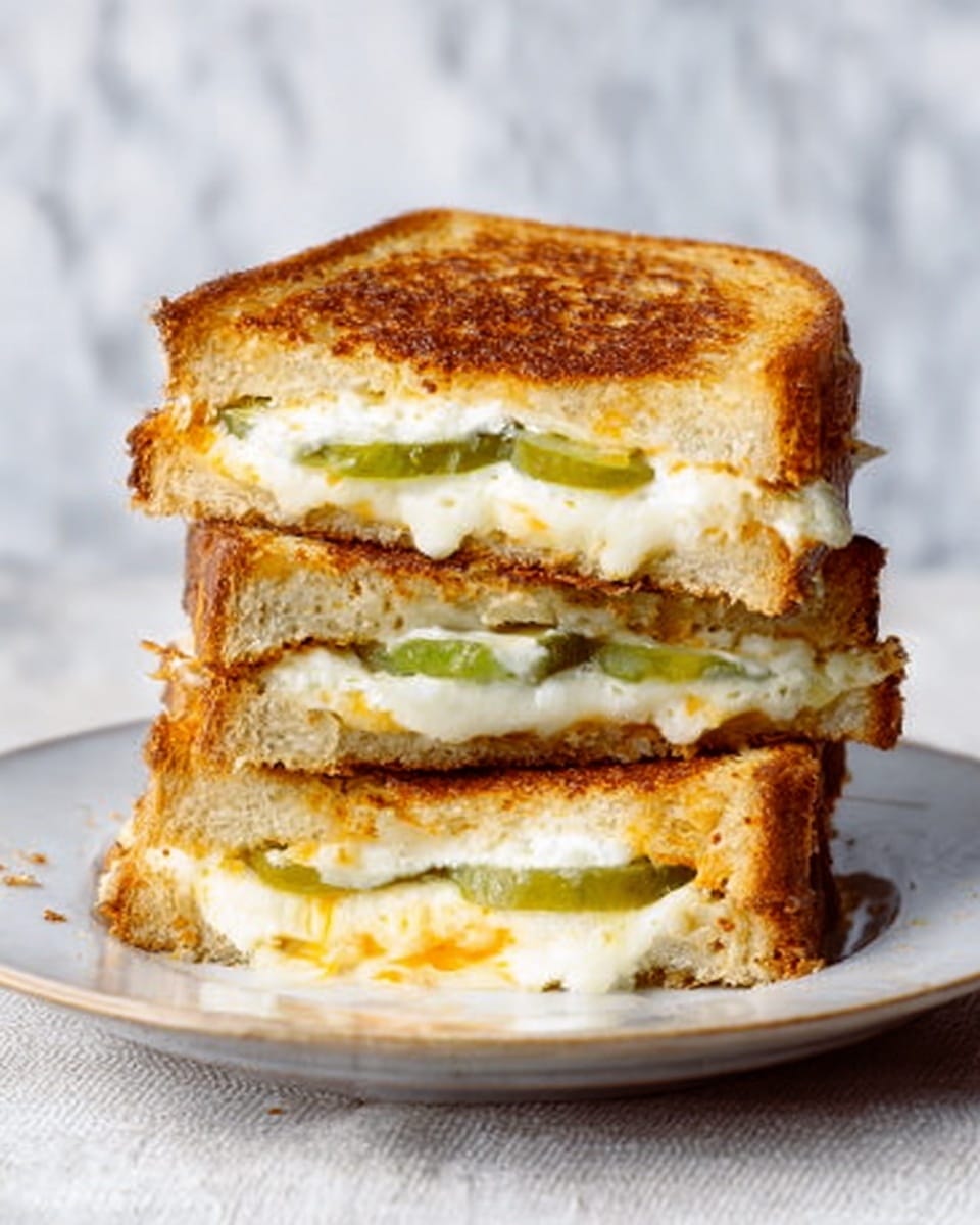 A stack of three toasted sandwich halves is shown on a simple white plate. Each sandwich has three layers: the top and bottom are golden brown toasted bread with a crispy texture. Inside, there is a creamy white layer of melted cheese, followed by thin slices of bright green pickles that add contrast. The sandwiches are stacked unevenly, showing the gooey, melted cheese stretching slightly between the layers. The background is a white marbled surface with a soft texture. Photo taken with an iphone --ar 4:5 --v 7