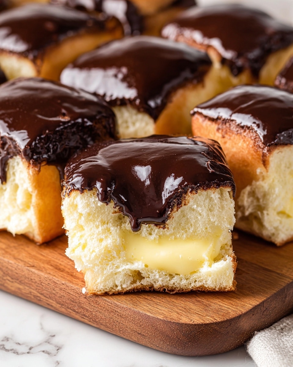 The image shows soft white bread squares, each topped with a thick, glossy dark chocolate glaze. Inside the bread, there is a creamy pale yellow filling visible in some pieces, creating a contrast with the light and airy texture of the bread. The bread pieces are arranged closely on a wooden board placed on a white marbled surface, highlighting the rich chocolate topping and smooth custard inside. The chocolate glaze has a shiny, slightly uneven surface, giving a fresh homemade look. photo taken with an iphone --ar 4:5 --v 7