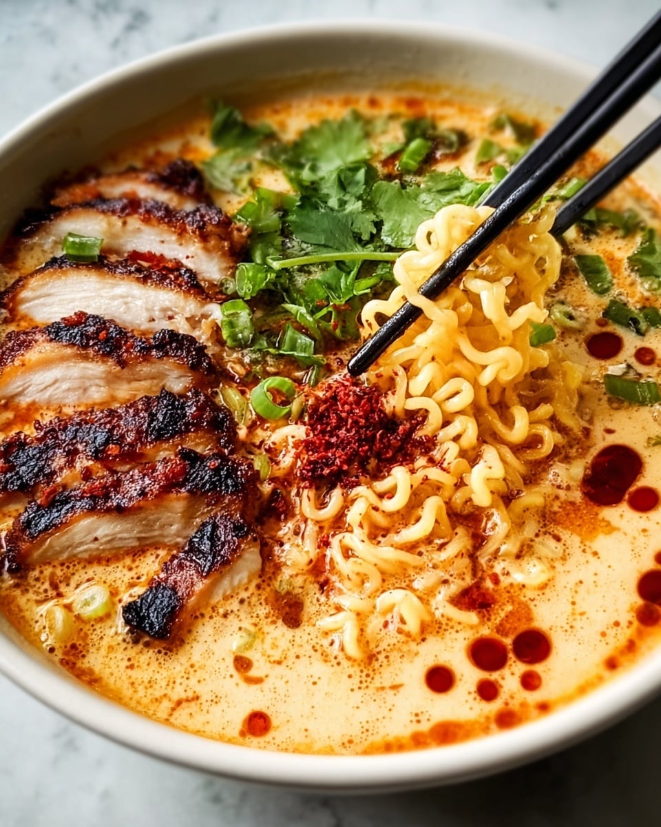 A black bowl holds a rich, creamy orange broth filled with yellow ramen noodles. On the left side, grilled chicken breast slices with dark char marks lay atop the noodles, showing tender white meat inside. The right half of the bowl is topped with chopped bright green scallions, adding color and freshness. Small red oil droplets float on the broth surface, enhancing the visual texture. The bowl is set on a white marbled texture surface. photo taken with an iphone --ar 4:5 --v 7