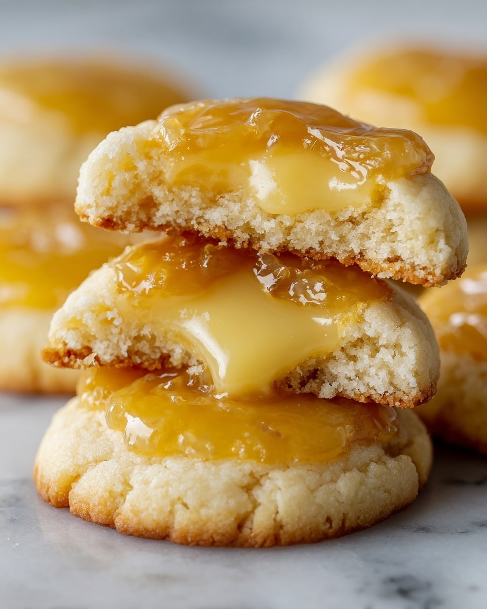 The image shows close-up lemon cookies stacked on a white marbled surface, with two main layers: a soft, pale yellow baked cookie base, and a glossy, caramelized lemon curd topping that has a golden-brown color with shiny, slightly translucent spots. The top cookie is bitten, revealing the smooth, creamy lemon filling inside, which looks thick and bright yellow. The texture of the cookie base appears soft and crumbly around the edges, contrasting with the smooth, shiny curd layer on top. Extra cookies are blurred in the background, creating depth. photo taken with an iphone --ar 4:5 --v 7