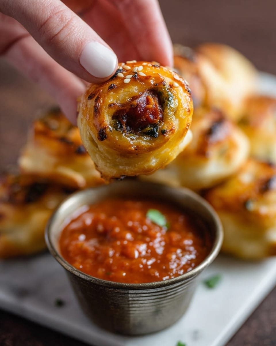 A close-up of a woman's hand holding a small, golden brown pastry roll with visible bits of green and red filling, the pastry looks flaky and shiny with sesame seeds on top; below it is a small metal cup filled with chunky red tomato sauce speckled with herbs, placed on a white marbled surface, with more similar pastries blurred in the background. photo taken with an iphone --ar 4:5 --v 7