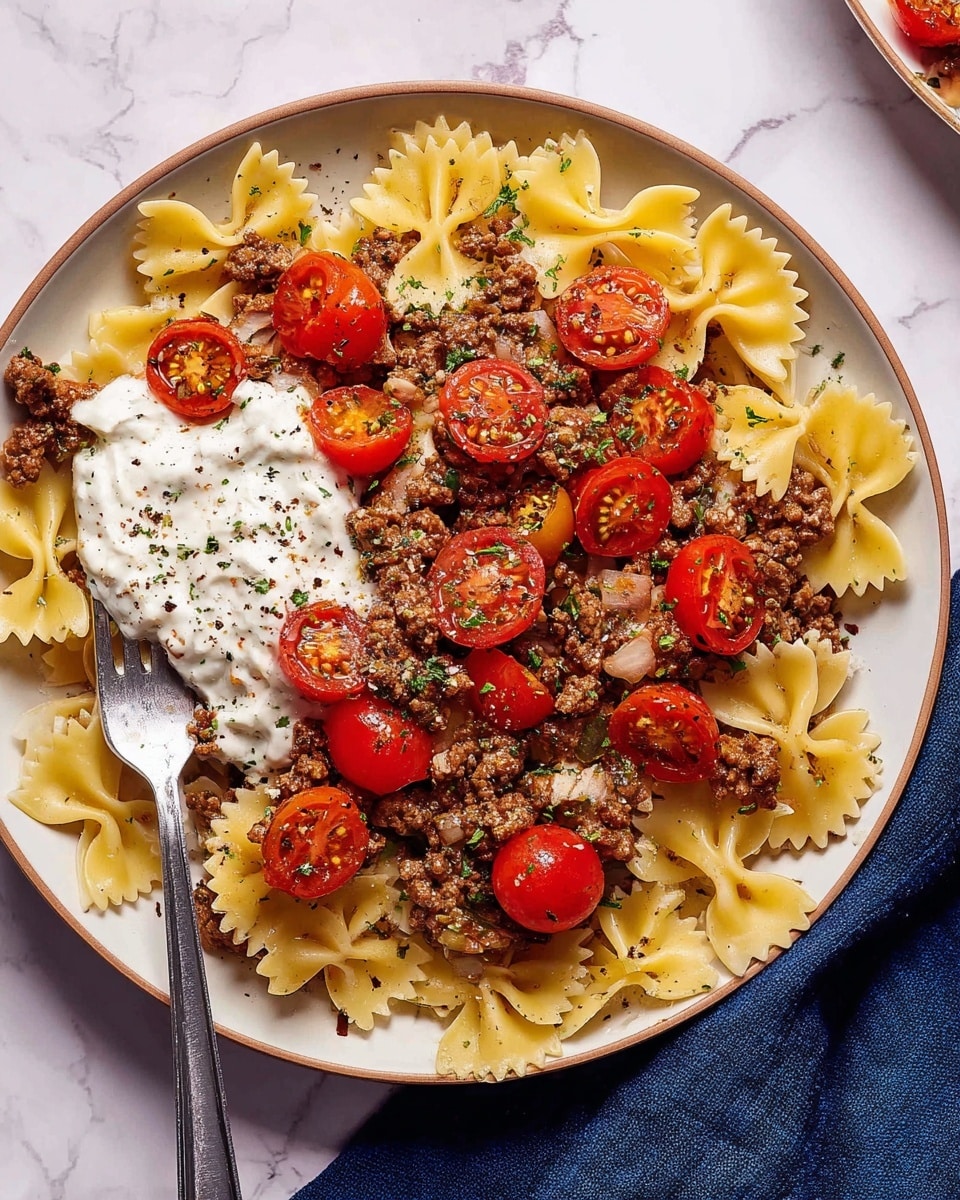 A white plate filled with a base layer of light yellow farfalle pasta, topped with a dollop of creamy white sauce, then covered with a generous layer of browned ground meat mixed with small pieces of cooked onion. On top of the meat are halved bright red cherry tomatoes evenly spread, all sprinkled with dried herbs and black pepper. There is a silver fork resting on the left side of the plate, partially on the pasta and sauce. The background shows a white marbled texture with a dark blue cloth on the bottom right corner. Photo taken with an iphone --ar 4:5 --v 7