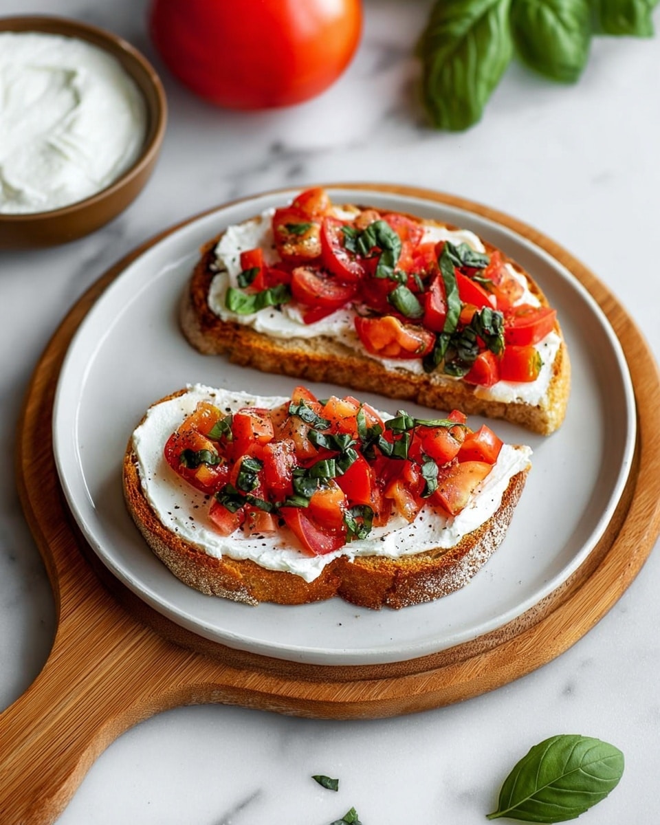 Two slices of toasted bread are placed on a white plate set on a wooden board, all on a white marbled surface. Each slice has a thick layer of smooth, white cream spread evenly across the bread. On top of the cream, there is a colorful mix of bright red chopped tomatoes and fresh dark green basil leaves, scattered in a casual yet appetizing way. The bread edges are golden brown with a slightly crunchy texture, and there are tiny black pepper specks on the toppings. In the background, a whole red tomato and a bowl with white cream are partially visible, along with a few loose basil leaves scattered around for decoration. Photo taken with an iphone --ar 4:5 --v 7