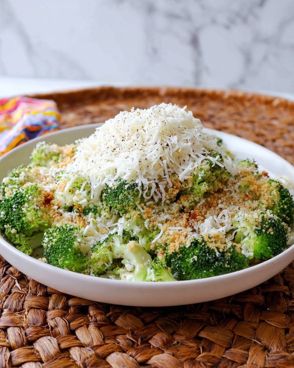 A large white plate holds a broccoli dish with three visual layers: the bottom layer is bright green broccoli florets arranged all around the plate's base, the middle layer is a light tan mixture of crispy breadcrumbs sprinkled over parts of the broccoli, and the top layer is a fluffy mound of finely shredded white cheese with small black specks of ground pepper scattered on top. The plate rests on a woven brown mat with a white marbled texture in the background. photo taken with an iphone --ar 4:5 --v 7