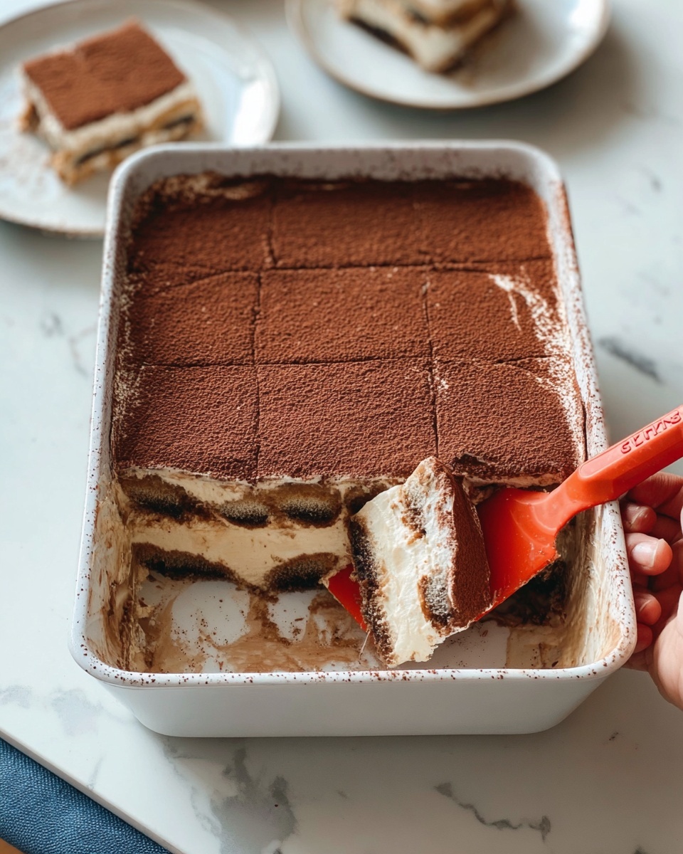 A white rectangular baking dish holds a dessert with four thick, even layers visible where a piece has been removed from the bottom right corner. The top layer is dusted with dark brown cocoa powder, giving a soft, powdery texture. Beneath the top, creamy off-white layers alternate with dark brown chocolate layers, creating a smooth, rich contrast. A red spatula with orange tones is resting inside the dish, partially under the dessert, with its handle visible. A woman's hand is holding the dish from below, against a white marbled surface background. Two slices of the dessert are plated on white plates in the background. Photo taken with an iphone --ar 4:5 --v 7