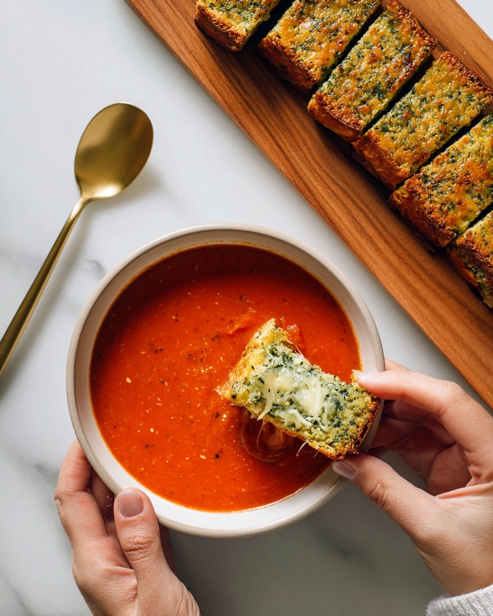 A white bowl filled with smooth, bright red tomato soup is held by a woman's hand on the left side, while another woman's hand dips a green herb and cheese bread piece into the soup on the right side. The bread has a golden-brown crispy top with a green herb layer and a soft white inside, showing about two layers. In the upper right corner, several more rectangular slices of the same bread are arranged on a wooden board. A gold spoon lies on the white marbled surface to the left of the bowl. Photo taken with an iphone --ar 4:5 --v 7
