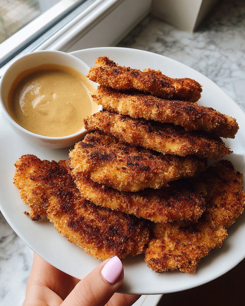 The image shows a white plate with five pieces of crispy, golden-brown breaded chicken arranged in a slightly overlapping stack. The chicken has a rough, crunchy texture with darker toasted spots. On the left side of the plate, there is a small white bowl filled with a smooth, light tan dipping sauce. A woman's hand with light pink nail polish is holding the edge of the plate. The plate is set on a white marbled surface near a window with natural light shining from the left side. photo taken with an iphone --ar 4:5 --v 7