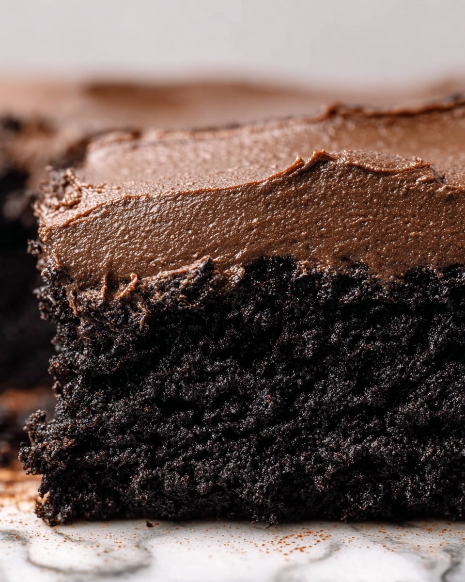 A close-up image of a two-layer chocolate dessert shows a thick, moist dark brown cake layer on the bottom with a dense, smoother chocolate frosting layer on top. The cake looks rich and crumbly with a slightly rough texture, while the frosting is glossy and creamy with small textured swirls. The dessert is cut, revealing the clear contrast between the darker base and the slightly lighter frosting above. The background is a white marbled texture. photo taken with an iphone --ar 4:5 --v 7