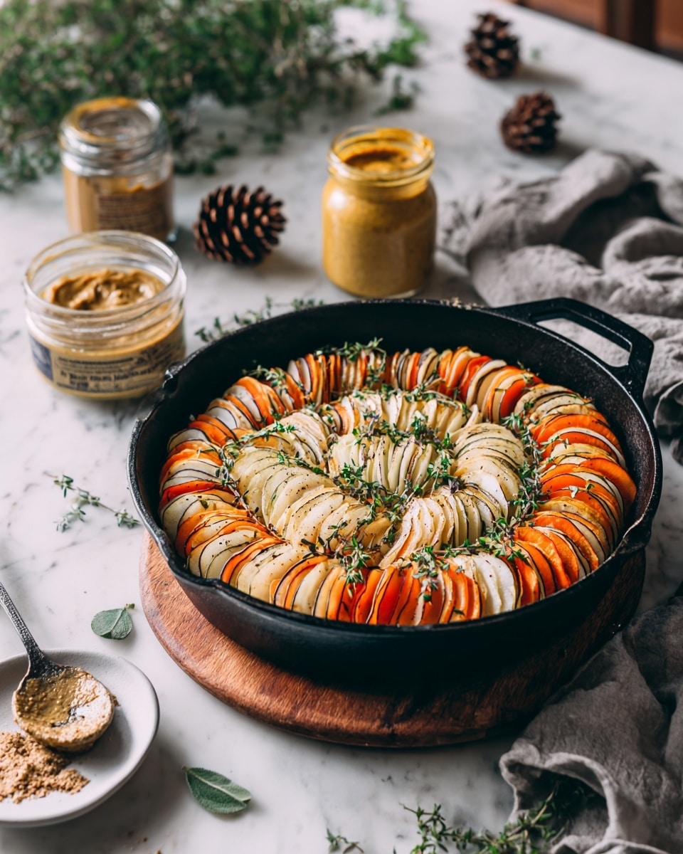 A black cast iron skillet sits on a wooden board with a layered dish inside, showing alternating rows of thinly sliced white and orange vegetables, lightly browned and topped with small green herb sprigs. In front, there is a white plate holding a spoon with grainy brown mustard. Next to it, an open jar of old style grainy mustard and a closed jar of smooth yellow mustard stand on the white marbled surface, with the lid from one mustard jar lying close by. A gray cloth is folded in the background, along with pine cones and green leaves adding natural decoration. Photo taken with an iphone --ar 4:5 --v 7