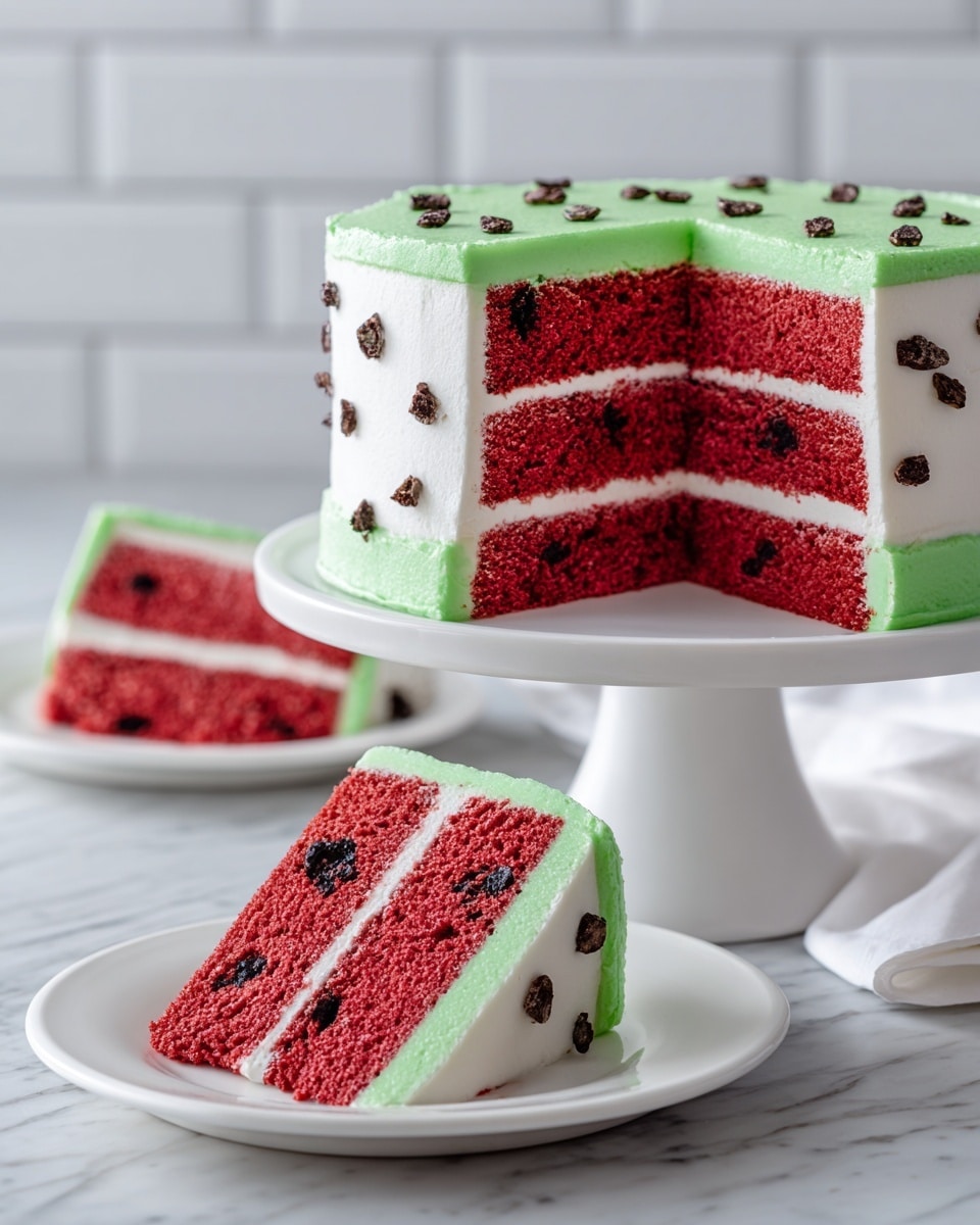 A three-layer red cake with dark chocolate chips inside each red sponge layer, separated by thin layers of white cream, is frosted with bright green icing on the outside. The top of the cake has a thin white cream layer, with scattered chocolate chips, resembling watermelon seeds. One slice with three visible red layers and green edge frosting is placed on a white round plate in the foreground, and another smaller slice sits on a white round plate in the background. The whole cake is displayed on a white raised cake stand against a white marbled surface and a white tiled background. Photo taken with an iphone --ar 4:5 --v 7