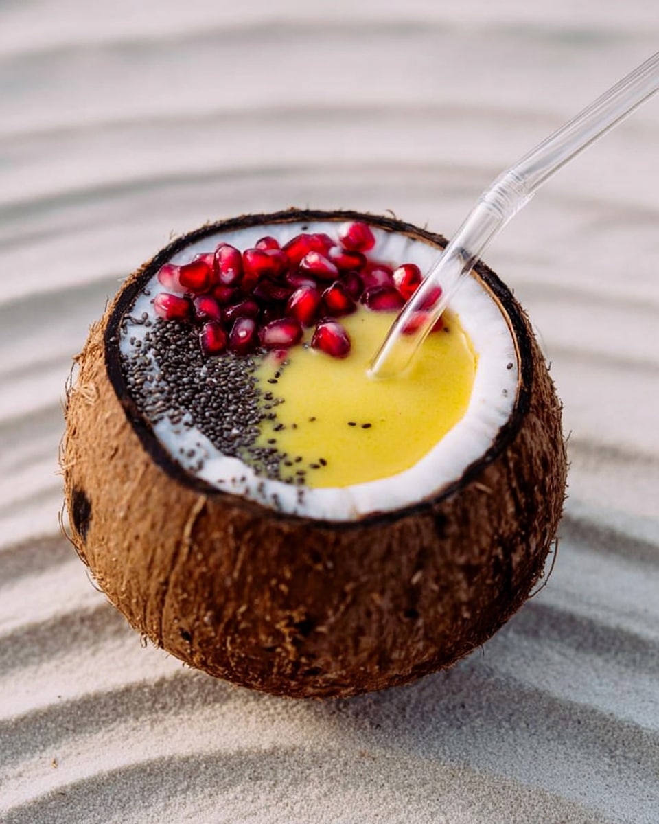 A coconut shell is used as a bowl, filled with a smooth yellow liquid layer. On top, one side is decorated with bright red pomegranate seeds, while the other side has small black seeds, likely chia. A transparent straw is stuck in the center, and the coconut sits on a white marbled surface with concentric circular patterns. photo taken with an iphone --ar 4:5 --v 7
