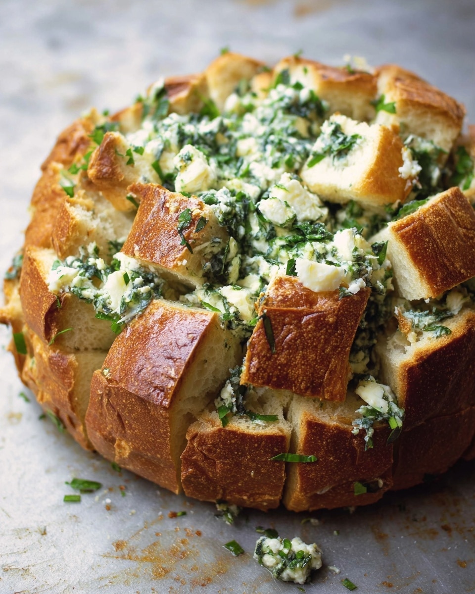 A round loaf of golden brown bread is cut into large square pieces but still held together at the base. Between the bread cubes, there is a creamy, white cheese mixture filled with chopped dark green herbs and light green bits. The filling looks soft and slightly melted, spreading evenly inside the cuts. Small fresh green herb bits are scattered on top and around the bread. The bread sits on a flat surface with a worn look but changed to a white marbled texture. photo taken with an iphone --ar 4:5 --v 7
