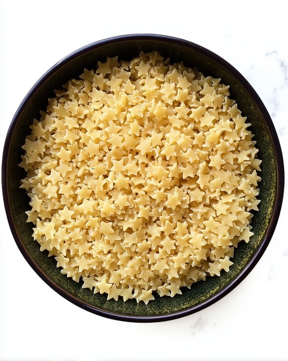 A close-up view of a round black bowl filled with small star-shaped pasta, all pale yellow in color with a smooth texture, evenly covering the entire bowl in one visible layer. The bowl sits on a white marbled surface, showing the contrast between the dark bowl and the light pasta inside. photo taken with an iphone --ar 4:5 --v 7