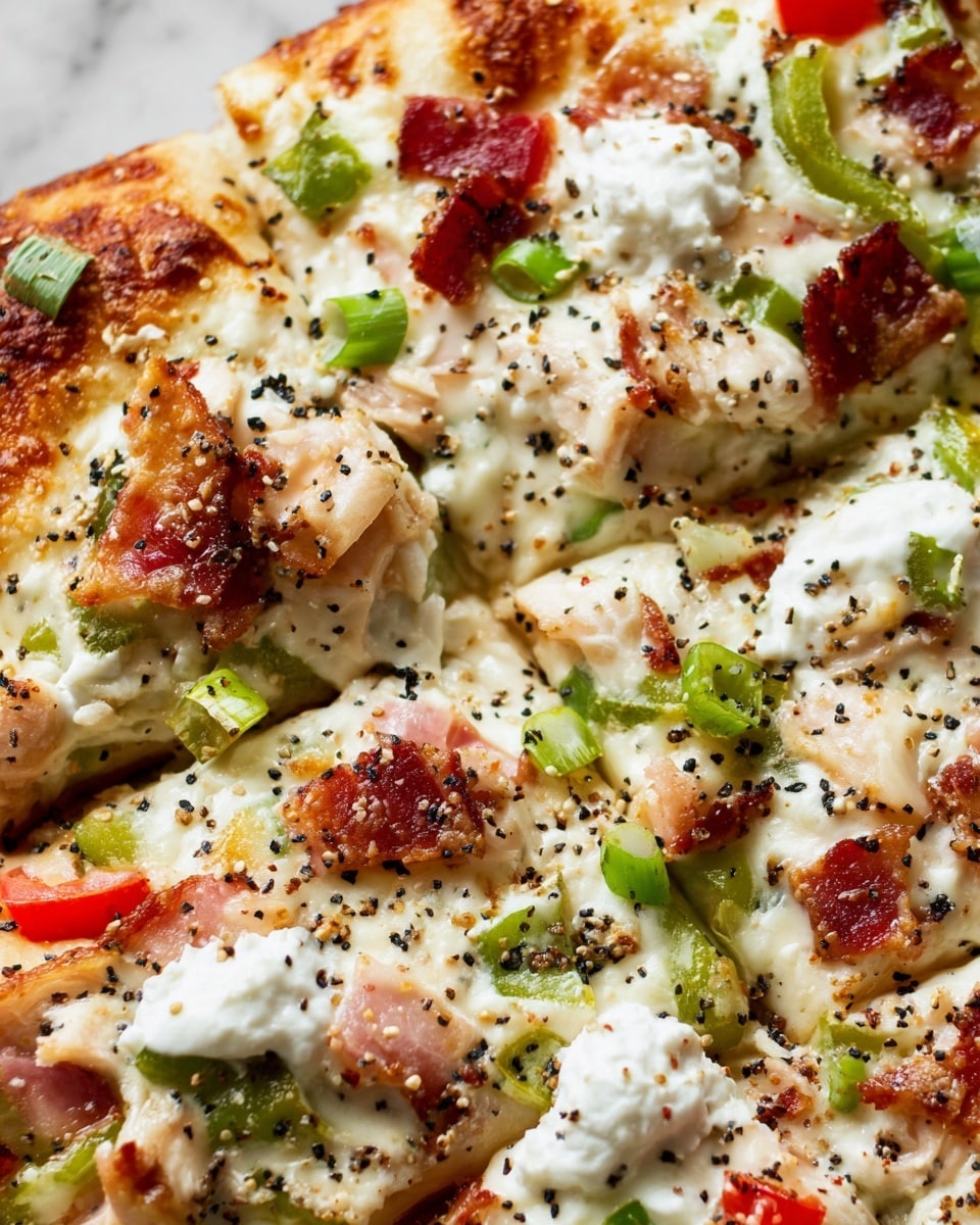 A close-up view of a thick pizza showing a light golden brown crust cut into pieces, covered with melted white cheese layers that look creamy and stretchy. On top, there are small chunks of green bell pepper, red tomato slices, and green onion pieces adding bright green and red colors. Scattered black and white sesame seeds and poppy seeds add texture on the crust. Small bits of crispy brown bacon are visible, and soft white dollops of cheese or cream are spread unevenly across the surface. The whole dish sits on a white marbled texture. photo taken with an iphone --ar 4:5 --v 7