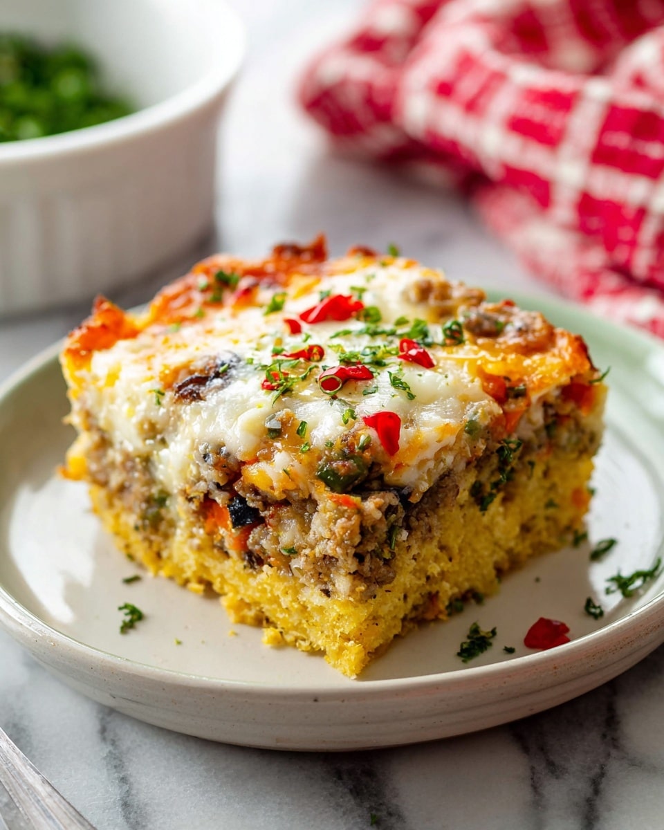A single square piece of layered casserole sits on a white plate, showing about four layers: the bottom layer is a pale yellow, likely cornbread or a baked base; above it is a heavier, textured layer with visible bits of vegetables and possibly meat in light browns and greens; the next layer is creamy with melted cheese that is white and light orange, speckled with bits of green herbs and small red chili pieces scattered on top. The dish looks rich and slightly glossy with a soft, mixed texture. It is set on a white marbled surface, with a blurred white bowl filled with green herbs in the background and a red and white checked cloth on the side. Photo taken with an iphone --ar 4:5 --v 7