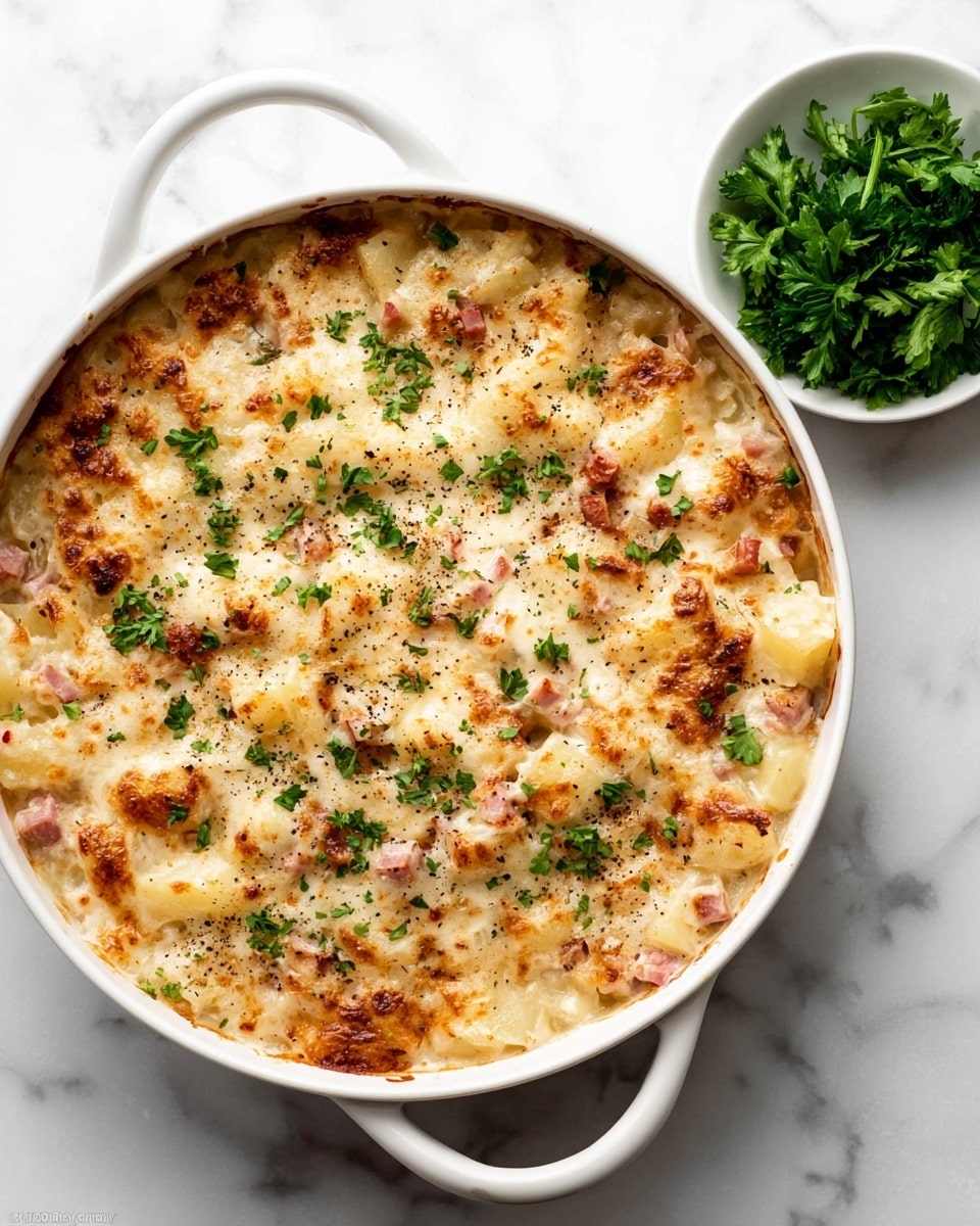 A white round dish with two handles is filled with a creamy baked casserole. The top layer is golden brown melted cheese with small browned spots, speckled with chopped green parsley and black pepper. Under the cheese, there are visible pieces of cubed potatoes in a light tan sauce mixed with small bits of pink ham. The casserole looks thick and creamy with a slightly bubbly texture on the surface. Next to the dish, there is a small white bowl filled with fresh green parsley leaves, all placed on a white marbled surface. photo taken with an iphone --ar 4:5 --v 7