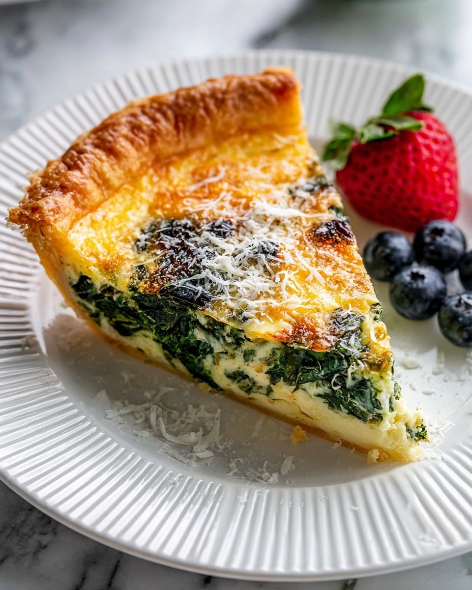 A slice of quiche with three visible layers sits on a white plate with ridged edges on a white marbled texture surface. The bottom layer is a golden brown, flaky crust with a slightly shiny texture. The middle layer is thick, filled with cooked dark green leafy spinach mixed into a creamy, light yellow egg custard. The top layer is melted, light golden cheese sprinkled with white grated cheese. Next to the quiche slice on the plate are fresh blueberries and a whole red strawberry with a green stem, adding bright contrasting colors. Photo taken with an iphone --ar 4:5 --v 7