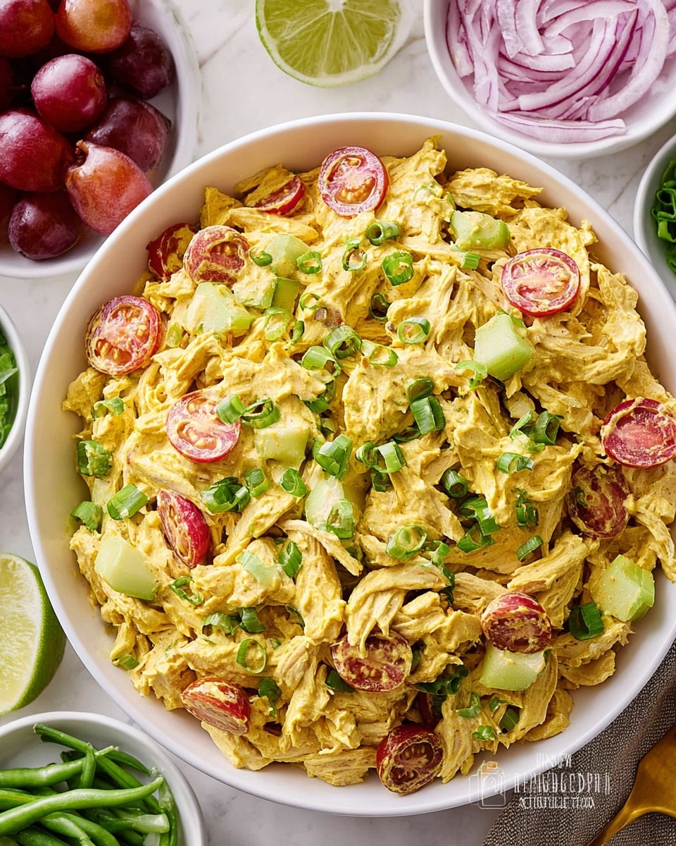 A white bowl filled with a creamy chicken salad showing about three layers: shredded chicken coated in a thick yellow creamy dressing forms the main layer, mixed with light green celery slices and halved red grape tomatoes scattered throughout; finely chopped green onions are sprinkled on top, adding a fresh touch of color. Around the bowl are small white dishes holding halved red grapes, lime wedges, thin green beans, and chopped red onions, all set on a white marbled textured surface. The photo taken with an iphone --ar 4:5 --v 7